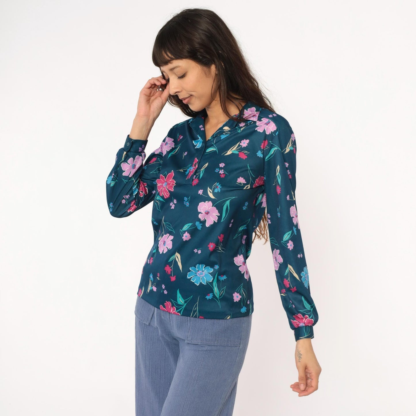 80s Teal Floral Blouse Navy Pink Purple Flowers Long Sleeve Button Up Medium