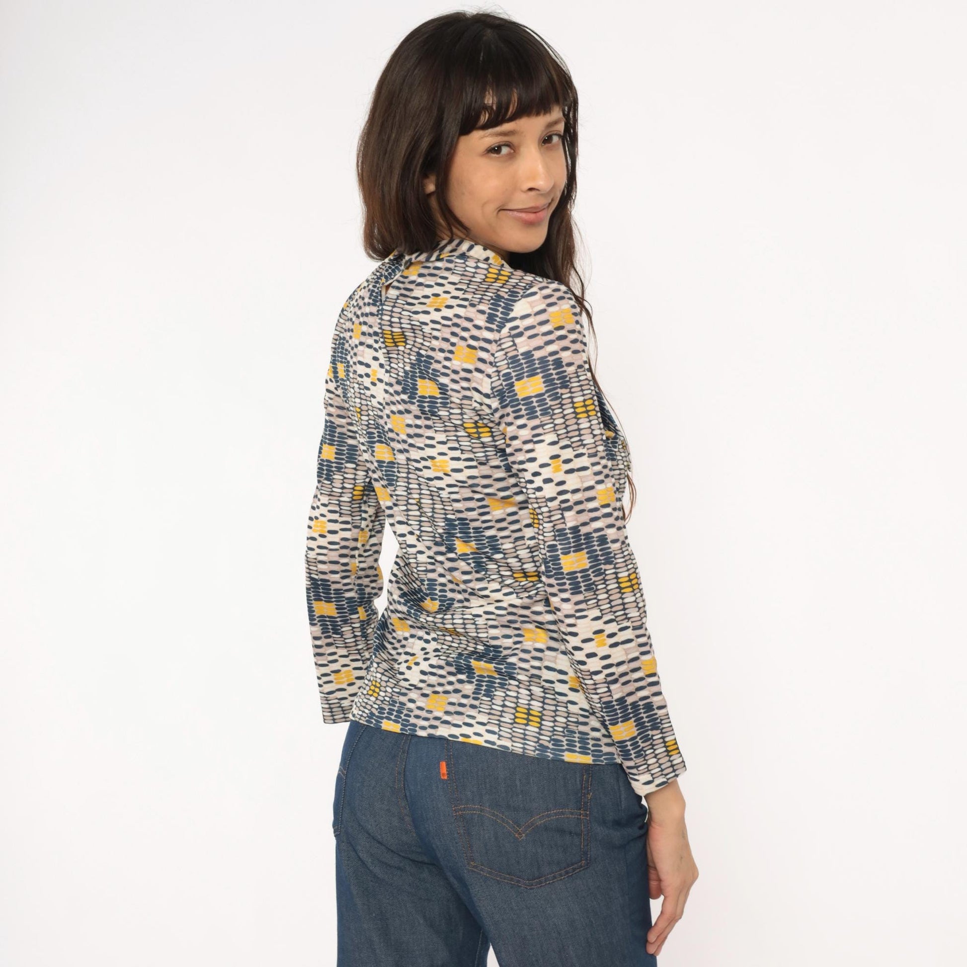 70s Sears Geometric Print Pussy Bow Blouse Navy Mustard Cream Small