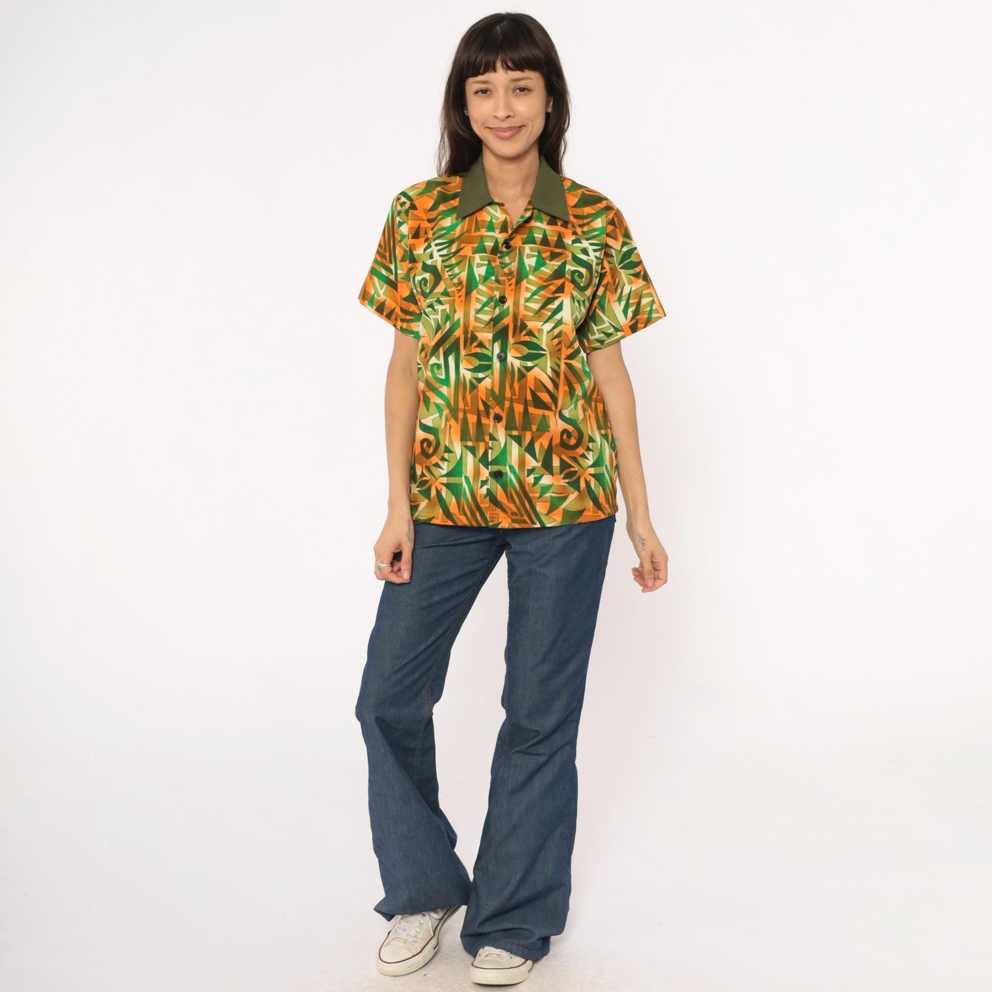 70s Psychedelic Geometric Print Shirt Orange Green Pointed Collar Medium M