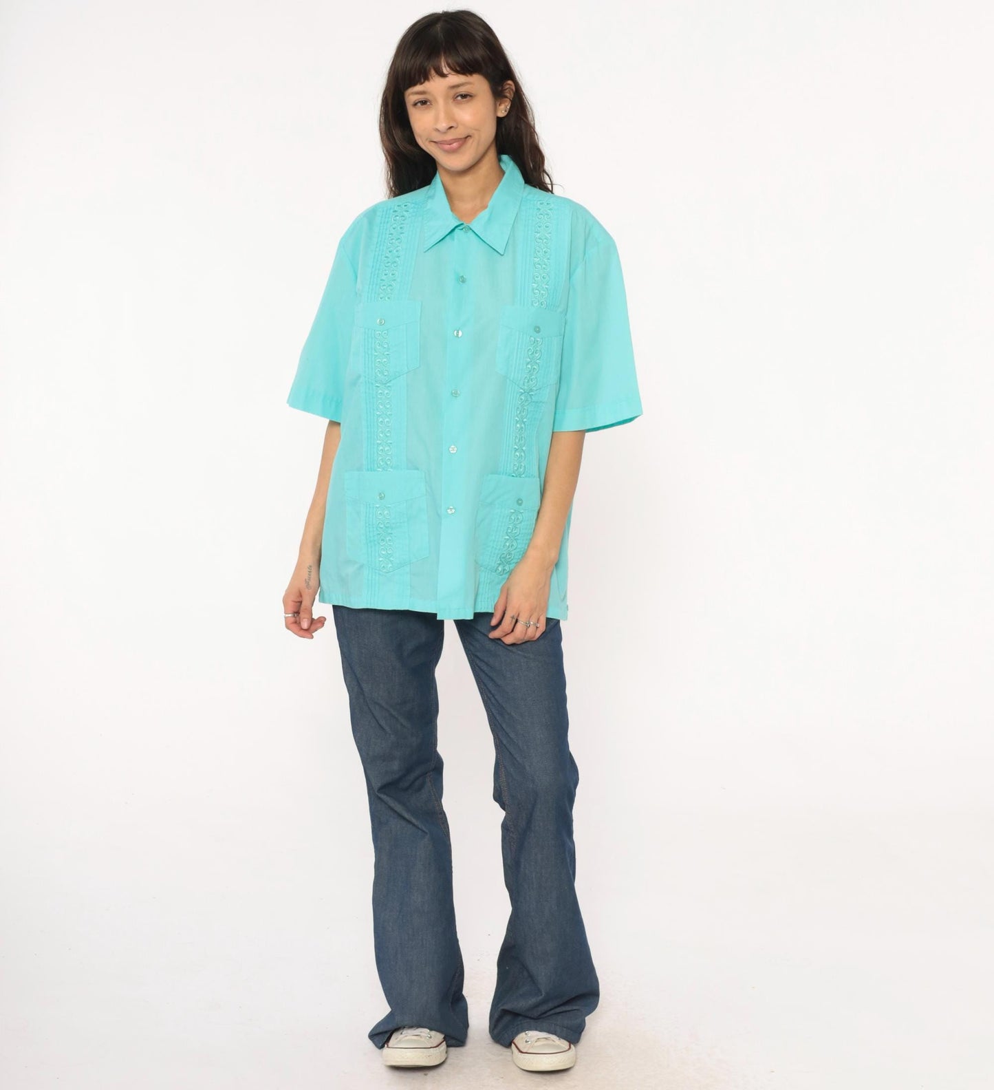 80s Tropicool Aqua Embroidered Pintuck Short Sleeve Shirt Medium