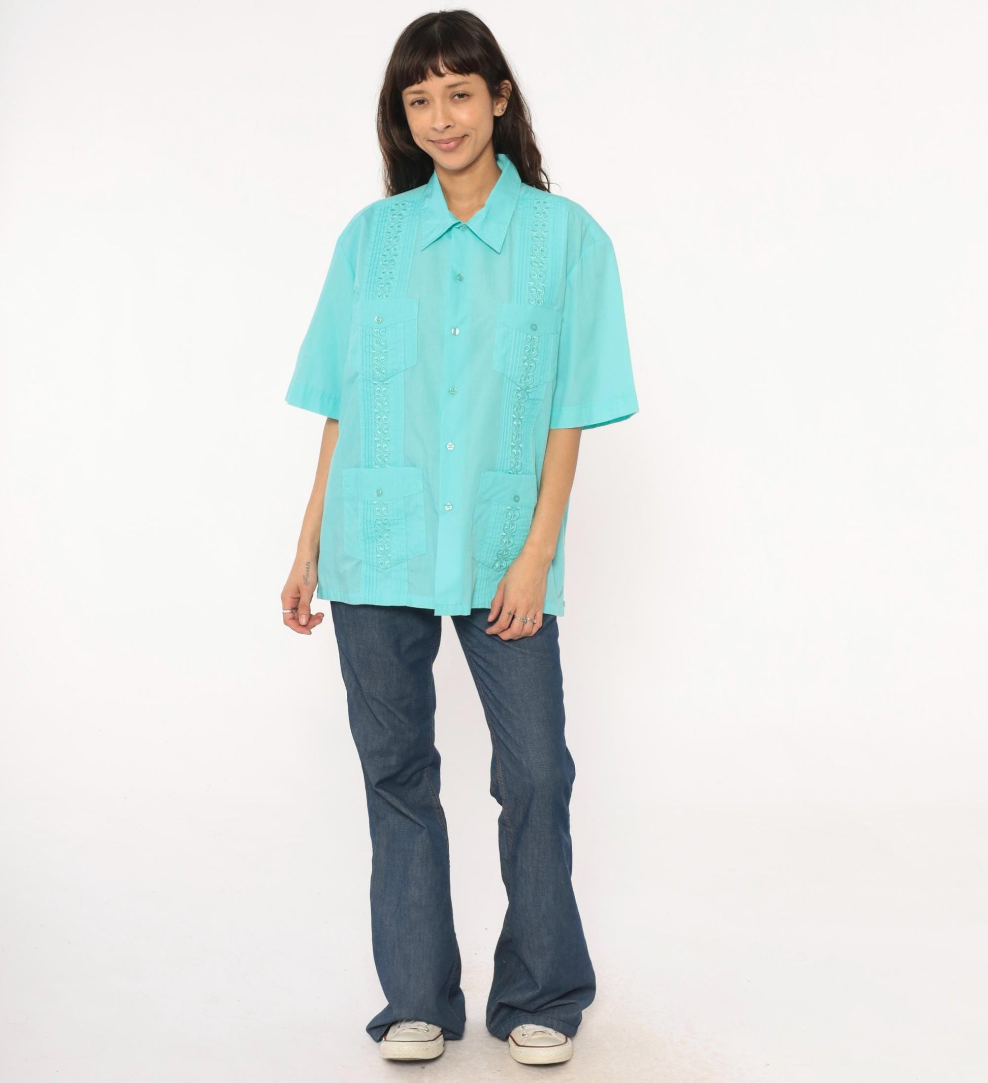 80s Tropicool Aqua Embroidered Pintuck Short Sleeve Shirt Medium