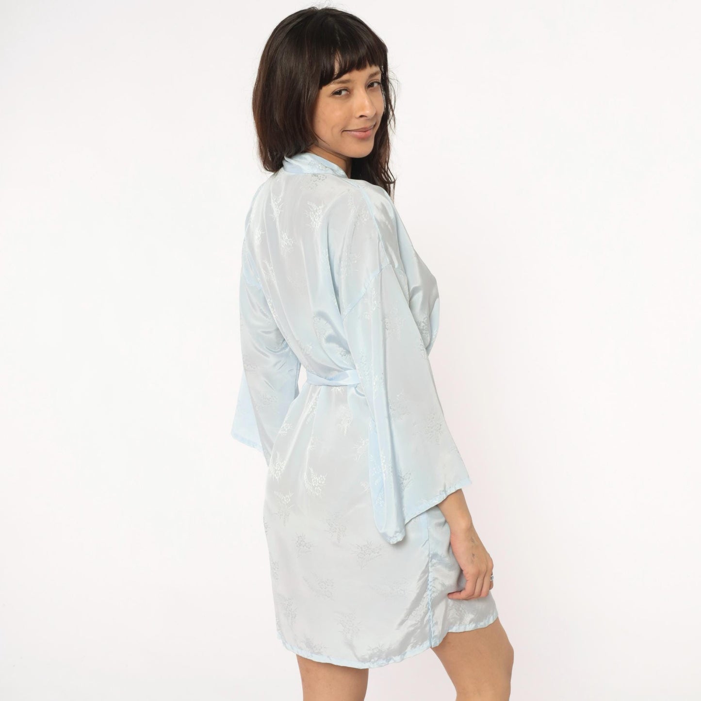 80s Pale Blue Kimono Robe Floral Print Wrap Shawl Collar Medium
