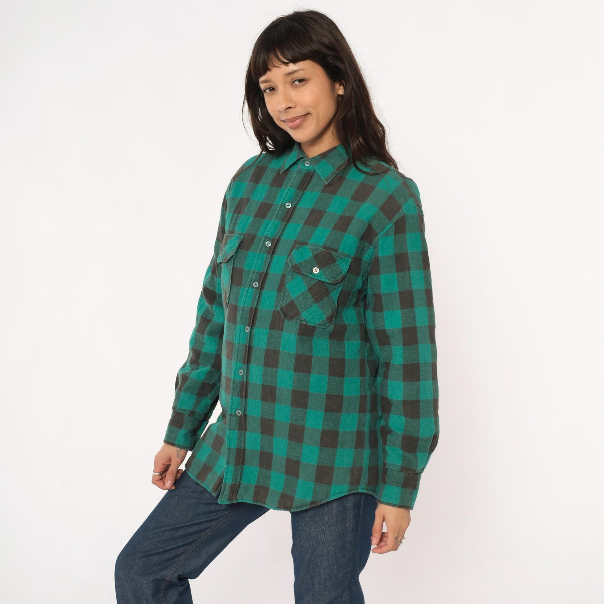 90s Sports Afield Buffalo Plaid Flannel Shirt Green Black Quilted Medium M