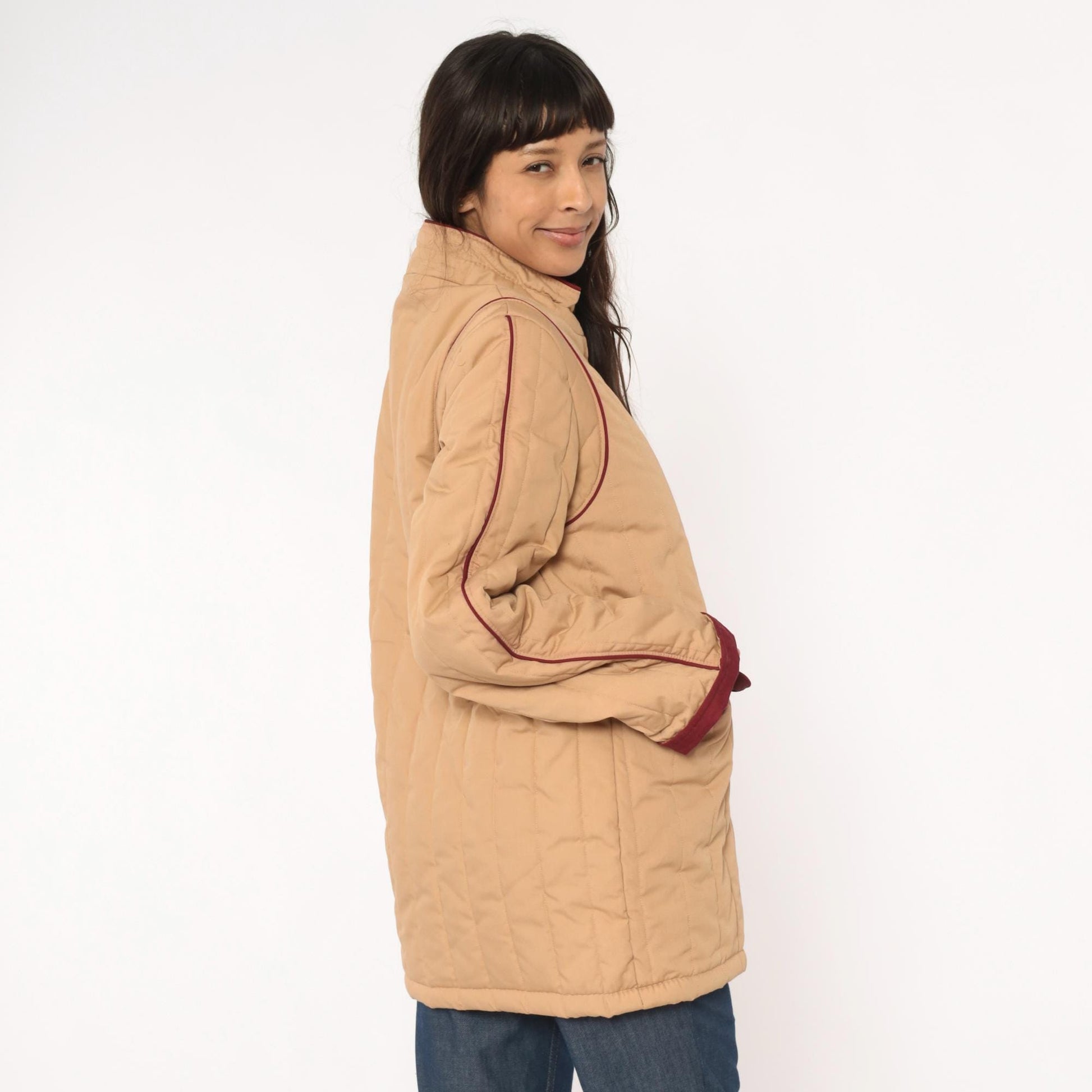 80s Saril Quilted Barn Jacket Tan Burgundy Trim Snap Front Small