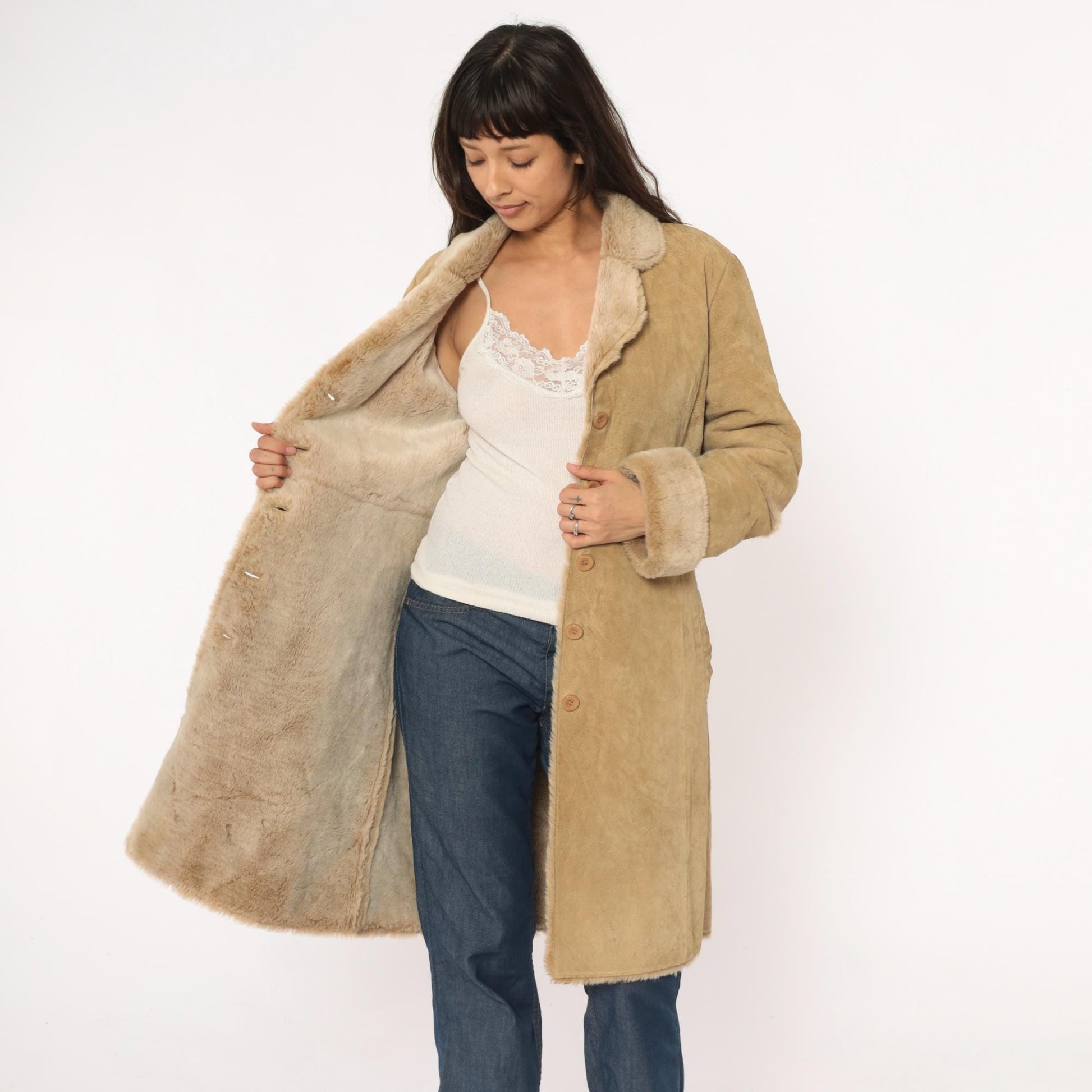 Y2K Brandon Thomas Leather Shearling Coat Tan Knee-Length Large L