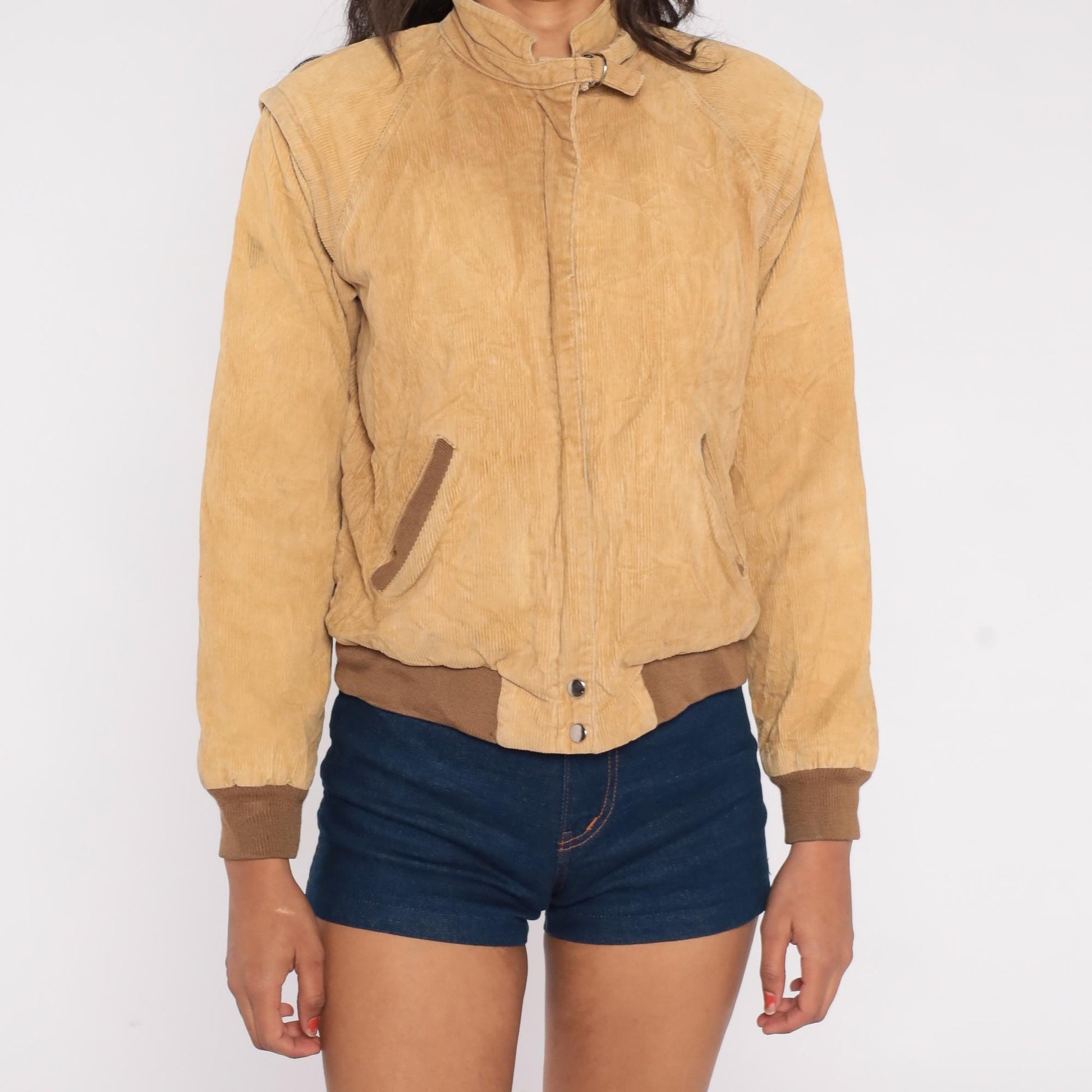 80s Tan Corduroy Bomber Jacket Zip Front Buckle Collar Extra Small XS