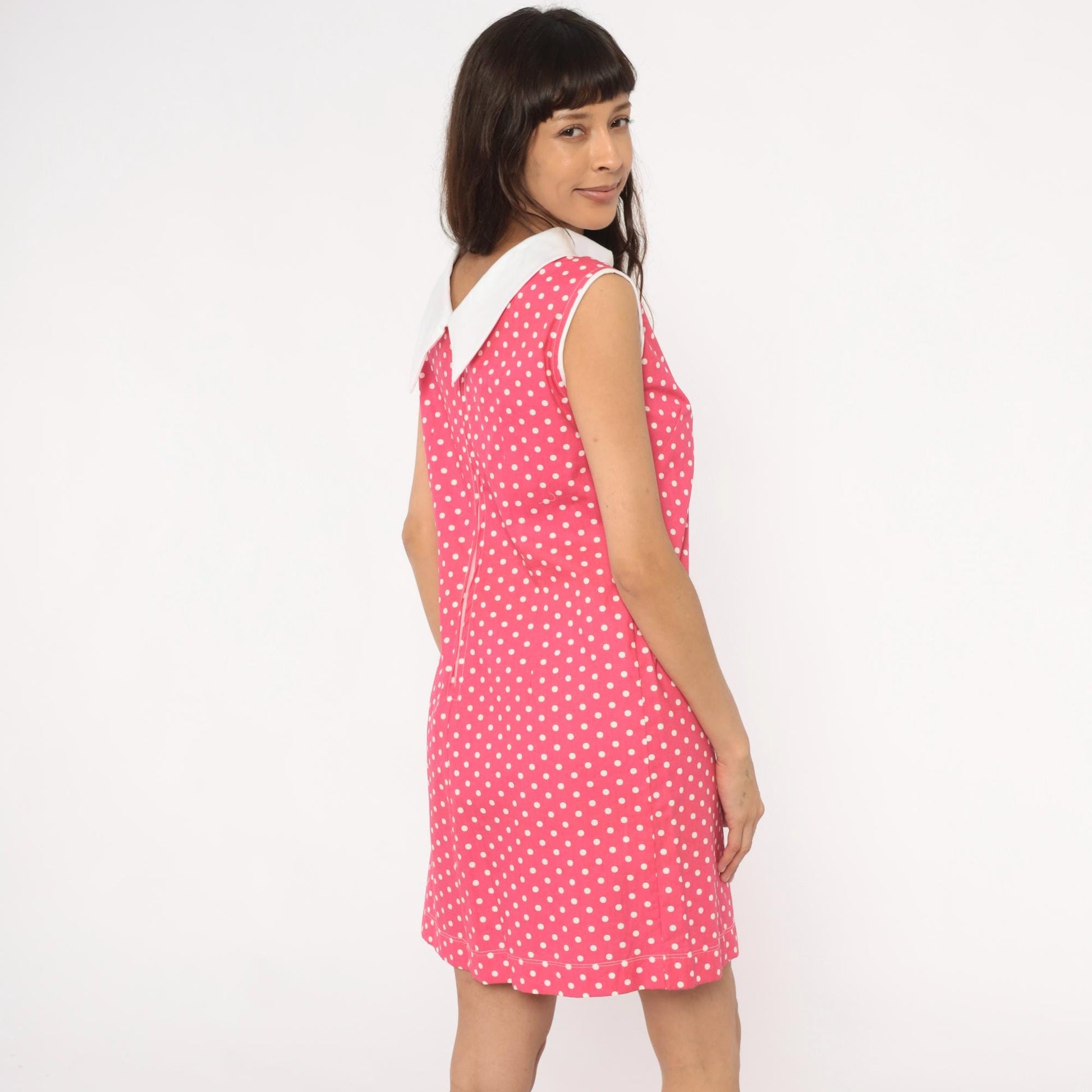 90s Pink Polka Dot Shift Dress White Peter Pan Collar Small