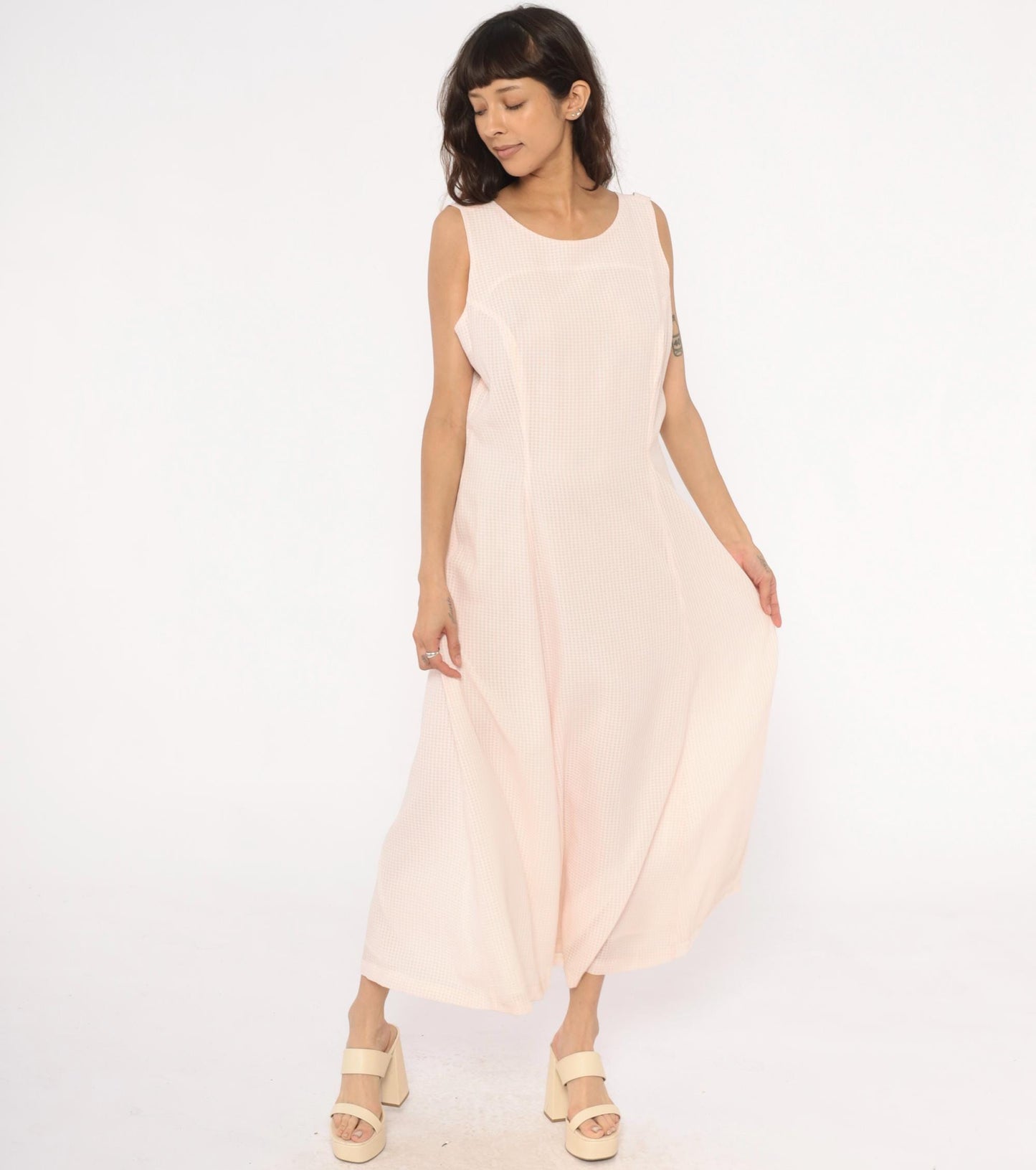 90s Pink Gingham Maxi Dress Sleeveless Open Back Scoop Neck Medium M