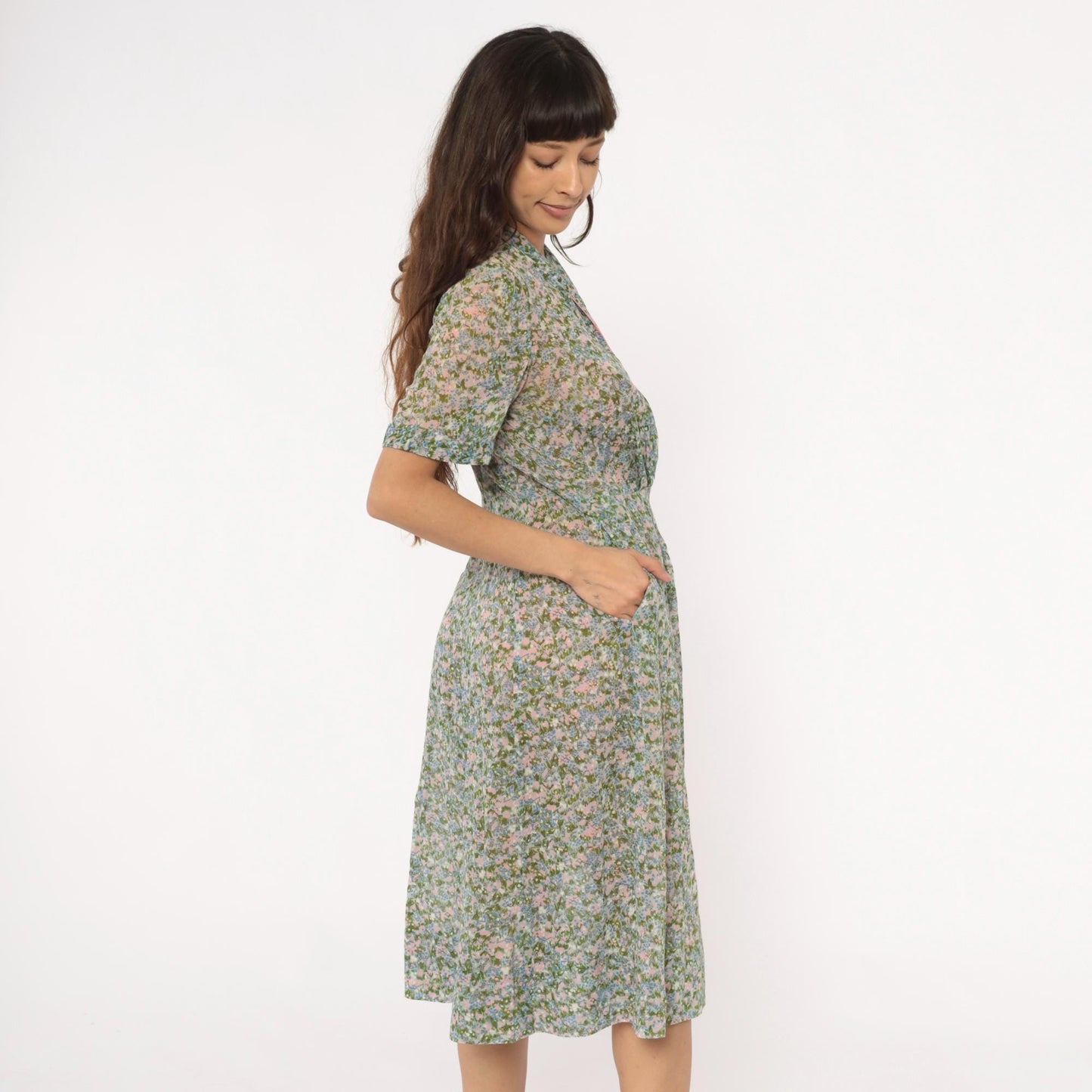 60s Laiglon Floral Midi Dress Button Front Shirtdress Cotton Medium