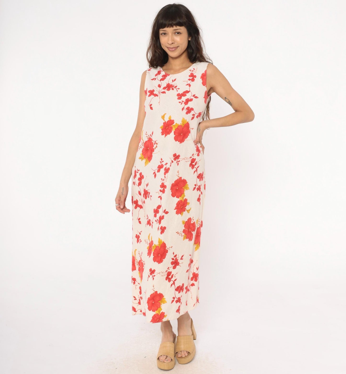 90s Lennie New York Floral Linen Maxi Dress Cream Red Yellow Large L