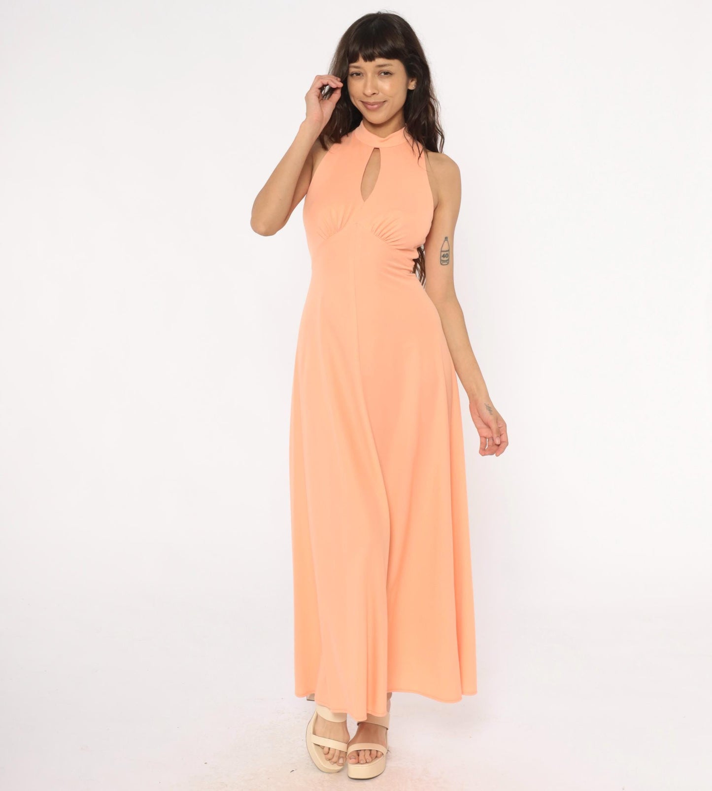 70s Peach Halter Maxi Dress Keyhole Cutout Empire Waist Small