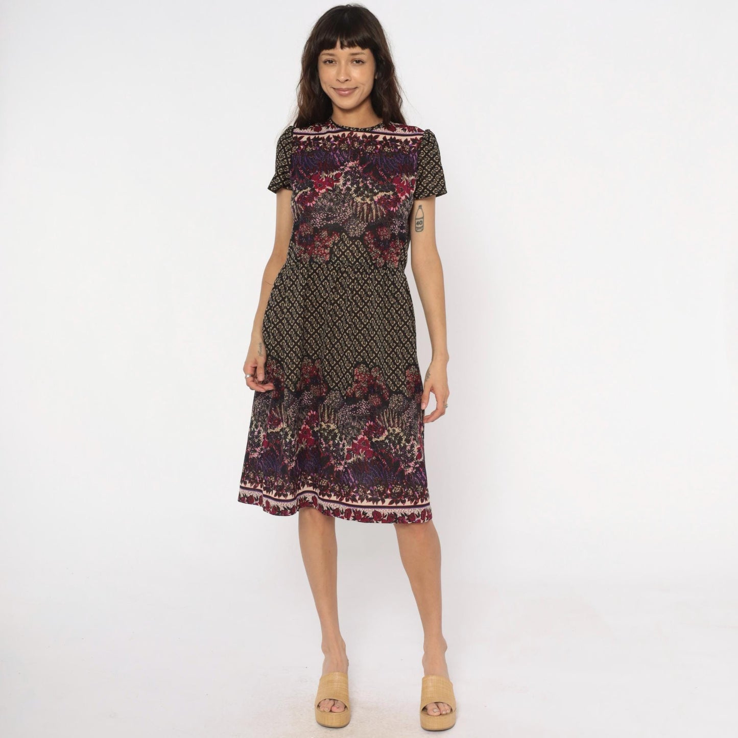 80s Mixed Print Shift Dress Keyhole Back Burgundy Purple Pink Black Medium