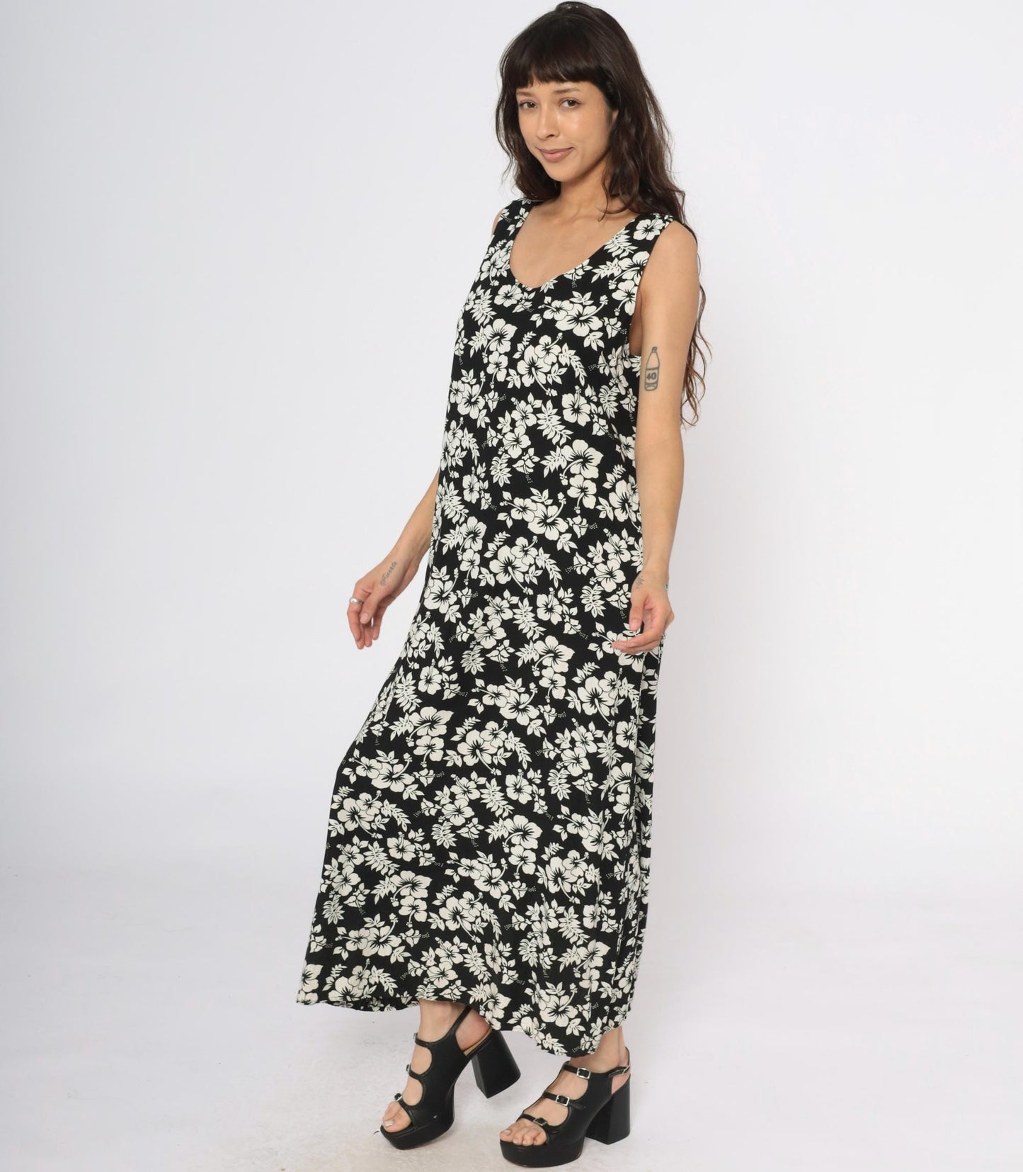 Y2K Josephine Chaus Black Maxi Dress Hibiscus Floral Print Large L