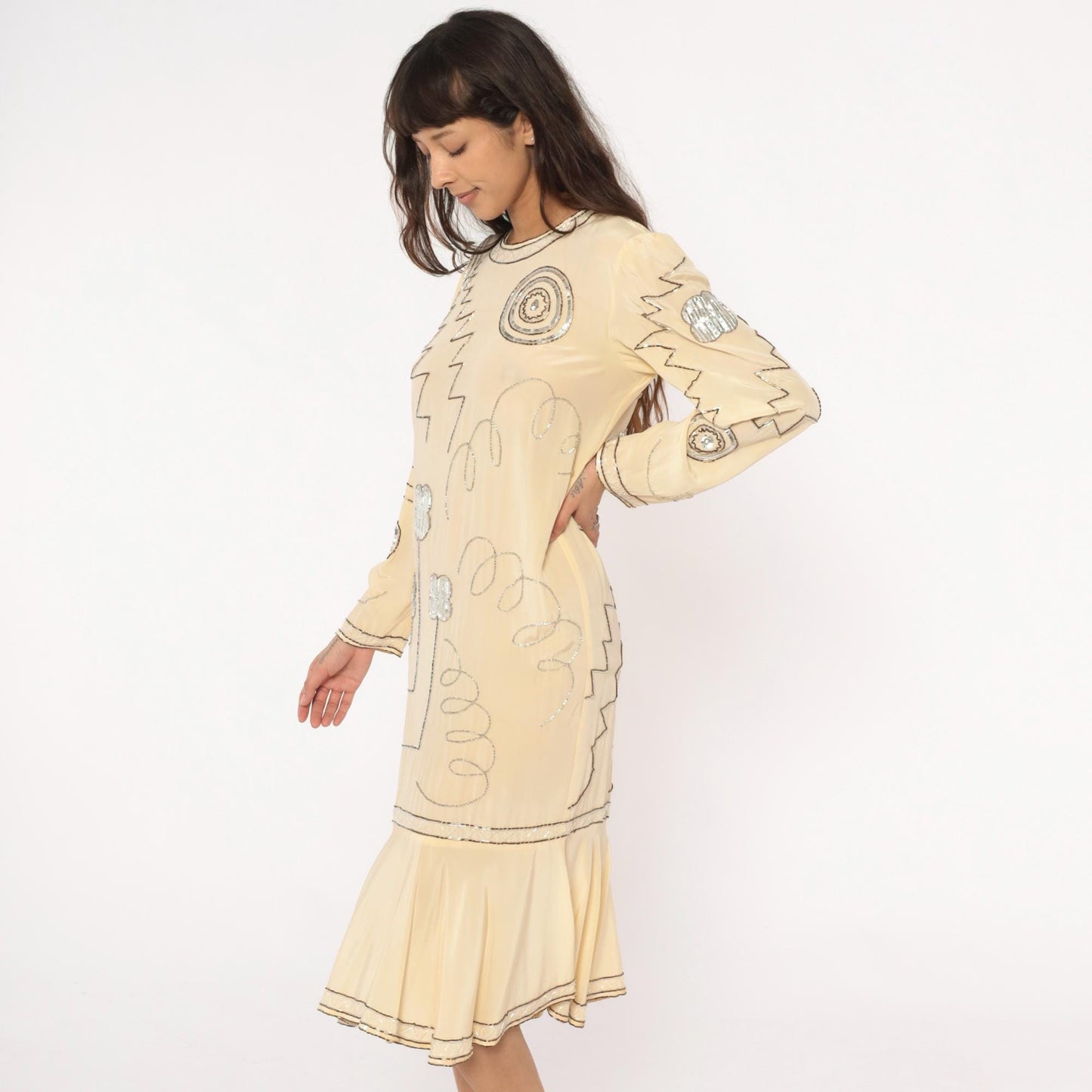 90s Argenti Silk Beaded Midi Dress Cream Drop Waist Geometric Embroidered Medium M