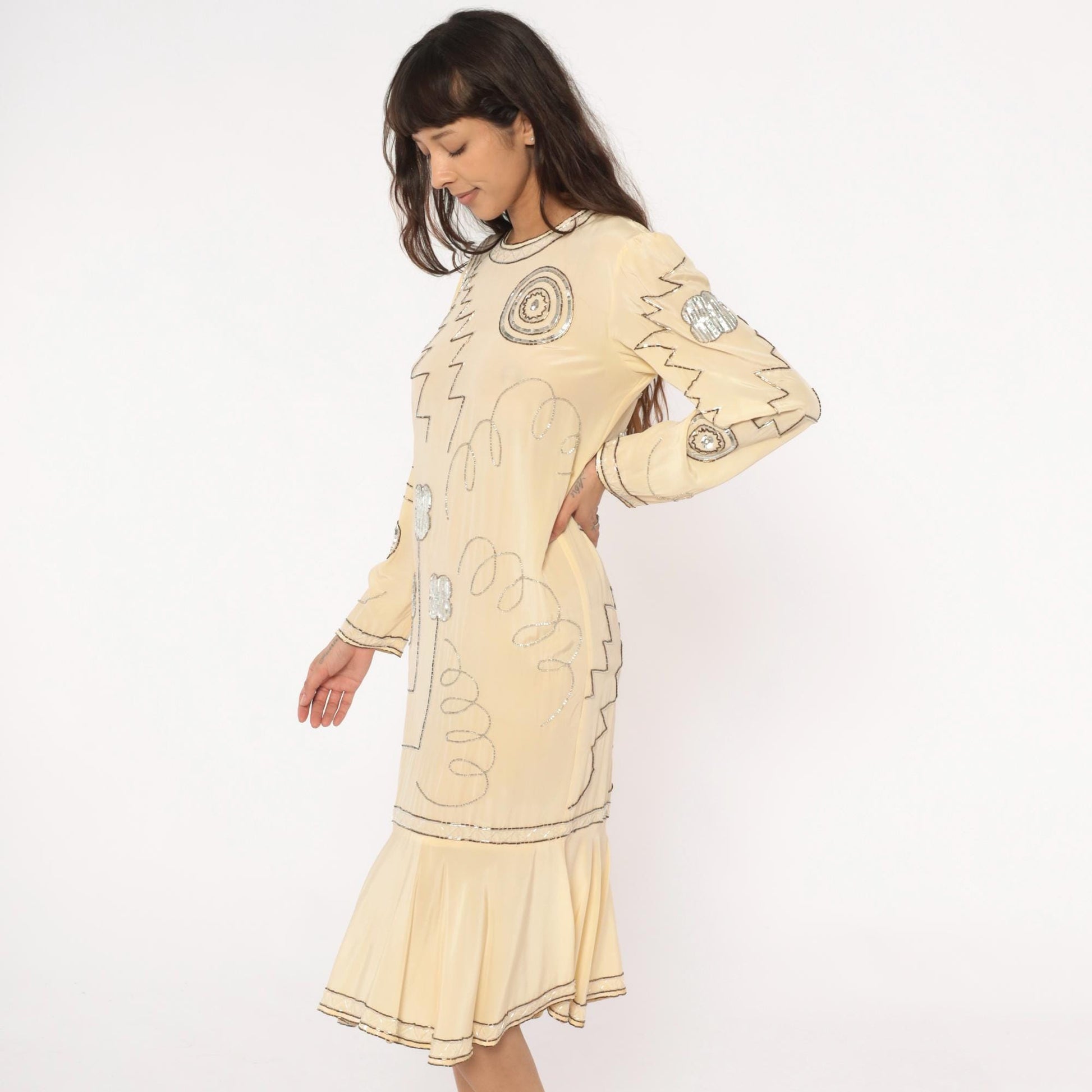 90s Argenti Silk Beaded Midi Dress Cream Drop Waist Geometric Embroidered Medium M