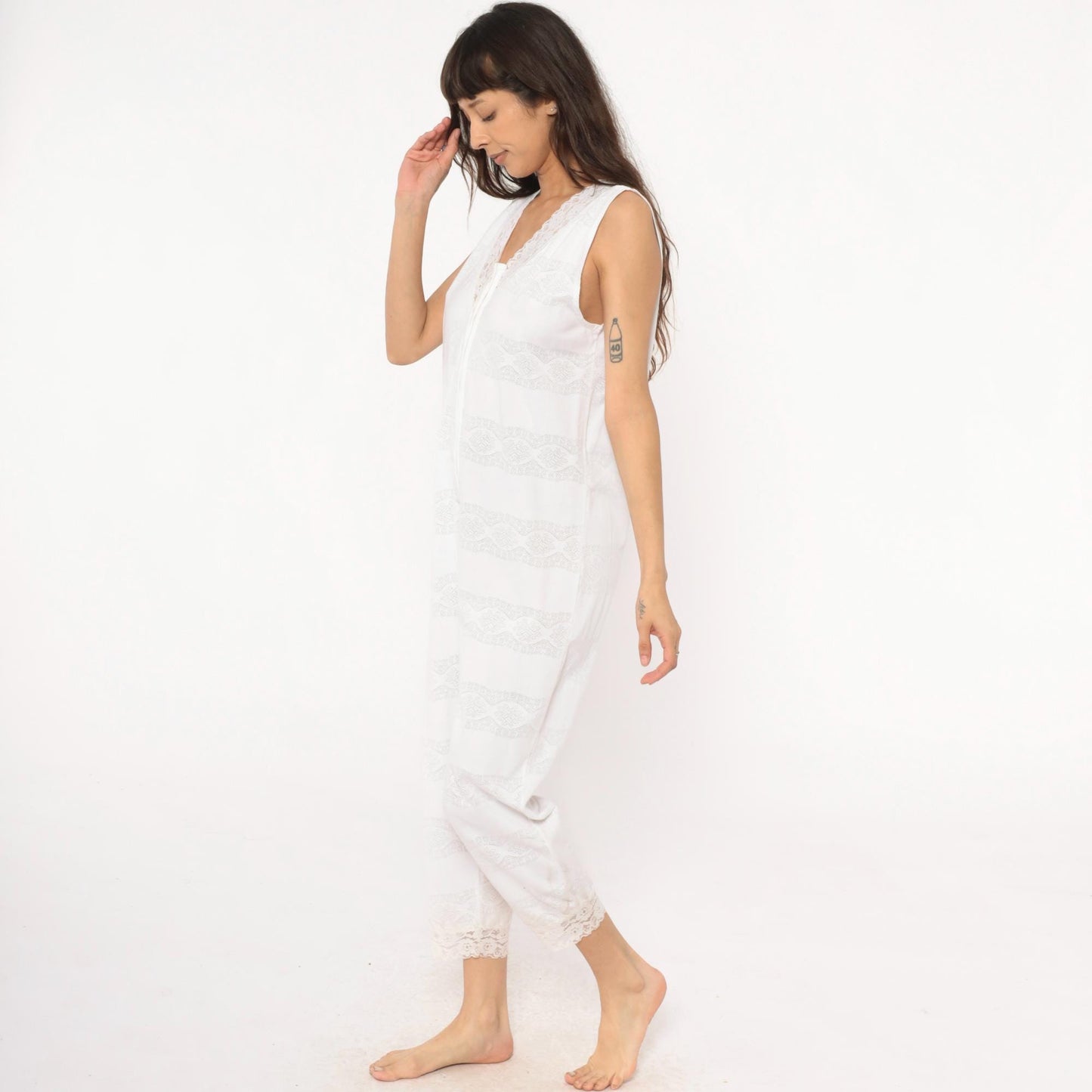 90s Candies White Lace Sleeveless Jumpsuit Cropped Ankle Cotton Medium M