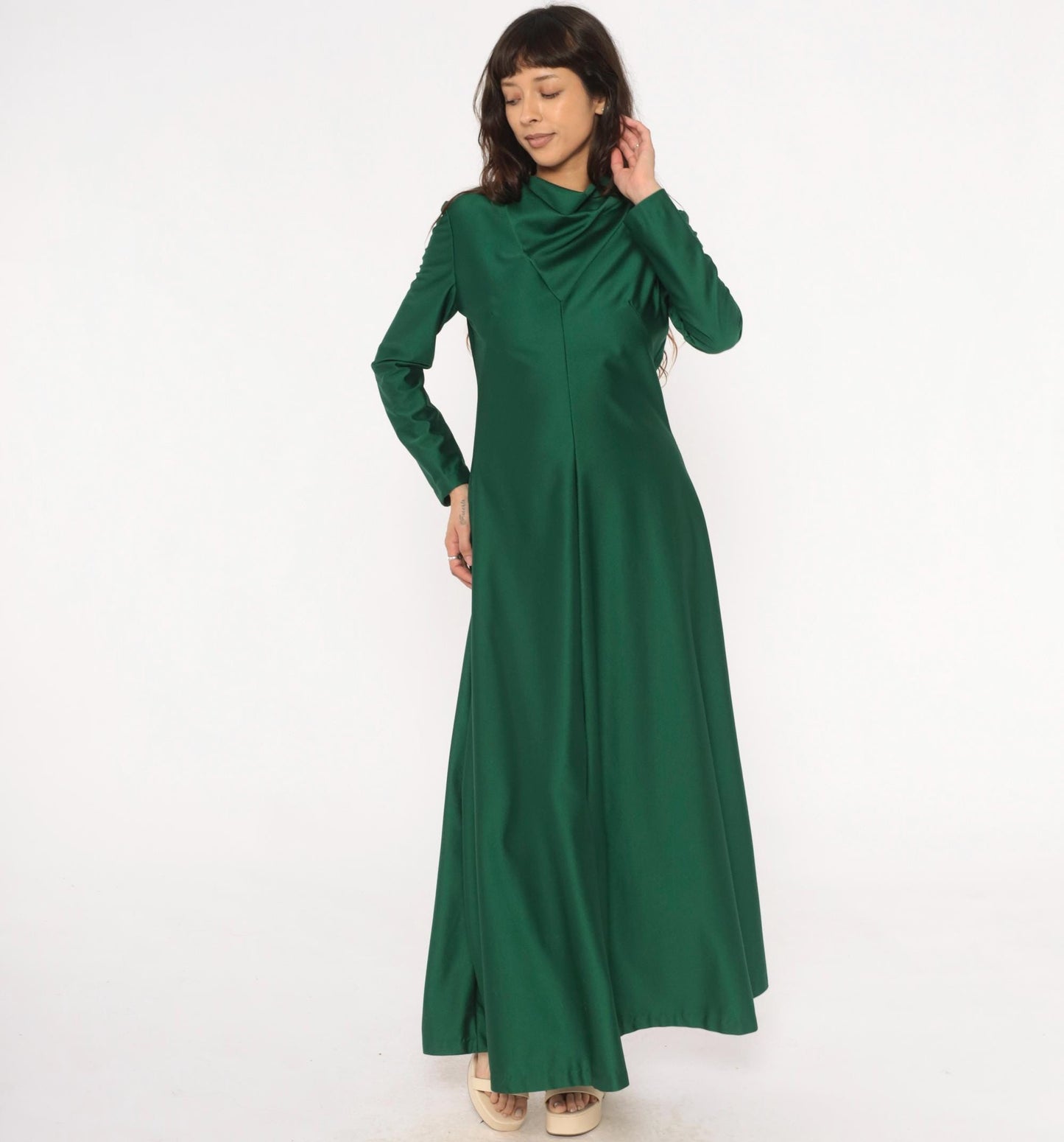 70s Green Maxi Dress Cowl Neck Long Sleeve Forest Draped Medium