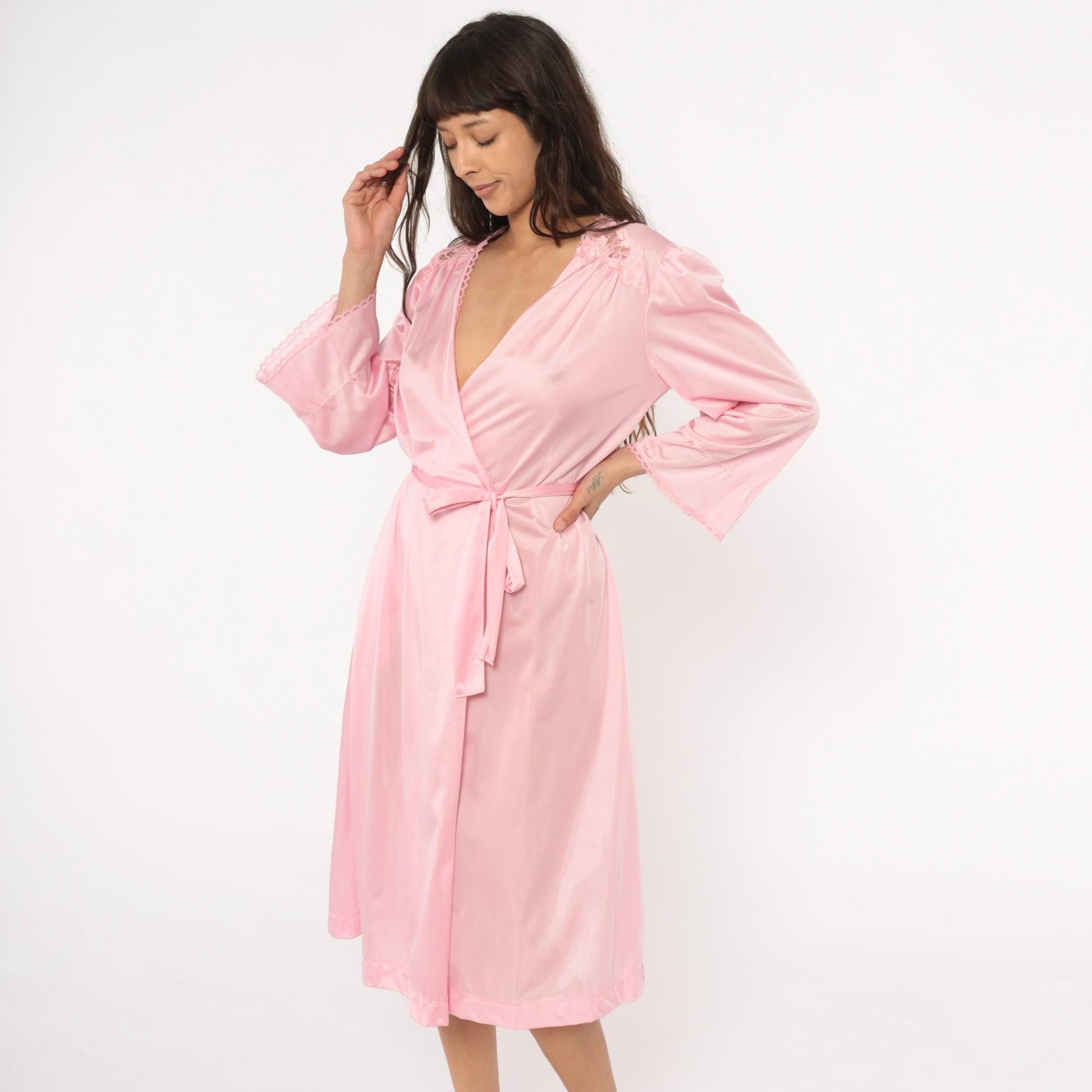 70s Lorraine Pink Lace Wrap Robe V-Neck Tie Front Lingerie Medium M