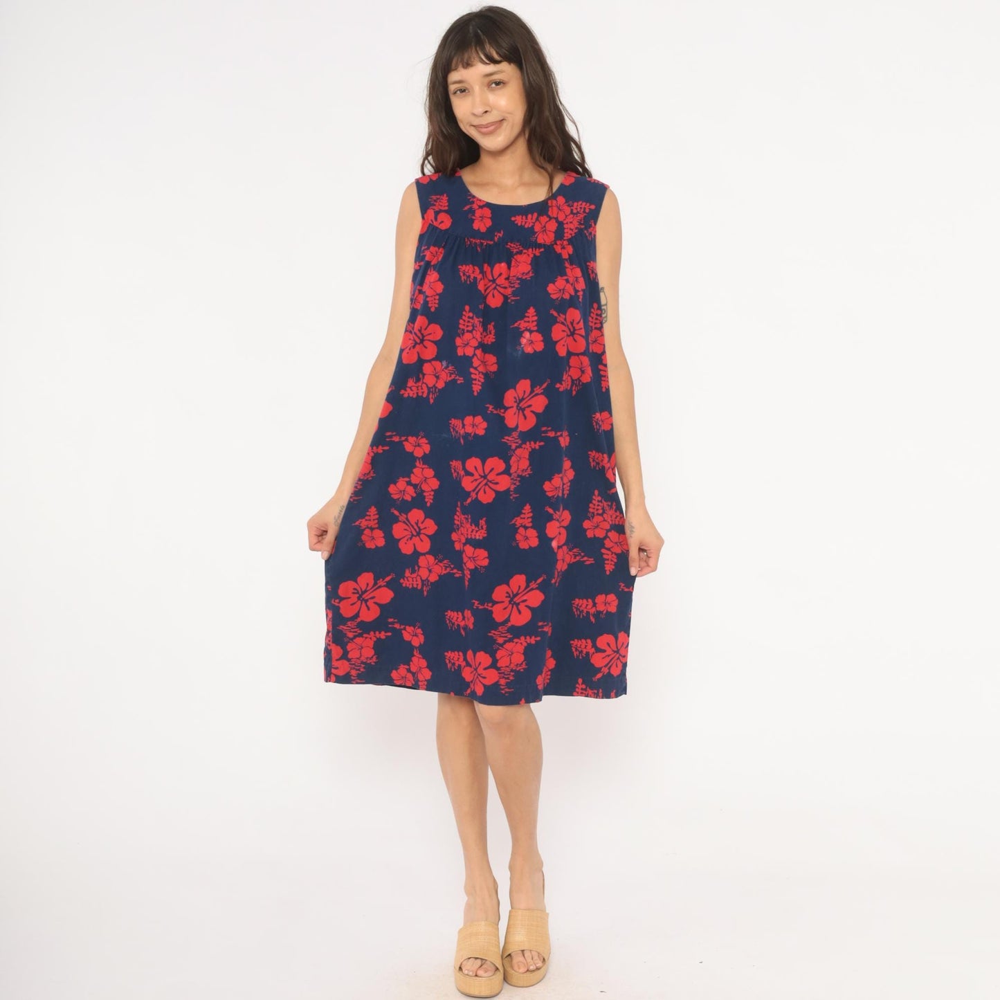 80s Ui-Makai Hawaiian Hibiscus Dress Navy Blue Red Floral Sleeveless Small