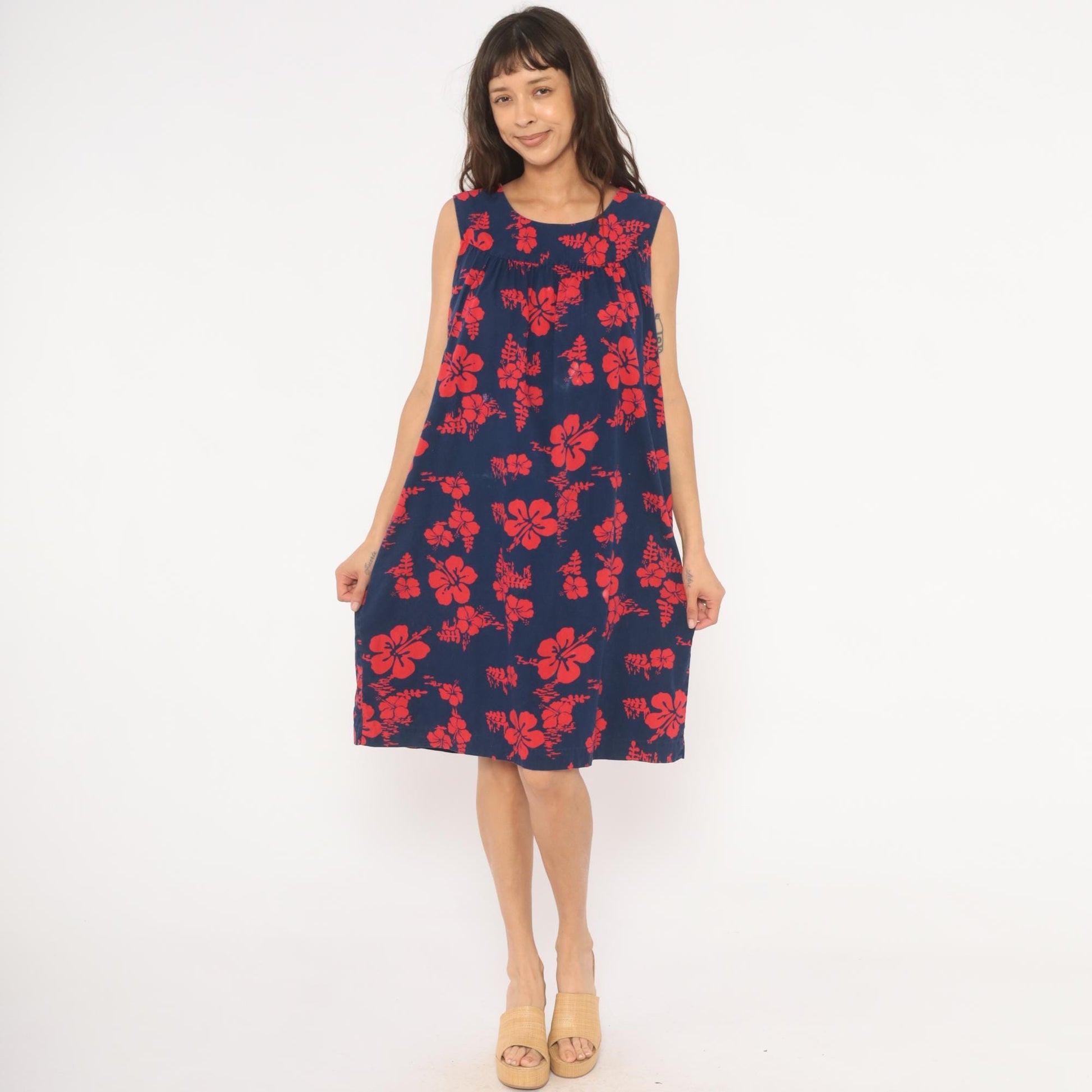 80s Ui-Makai Hawaiian Hibiscus Dress Navy Blue Red Floral Sleeveless Small