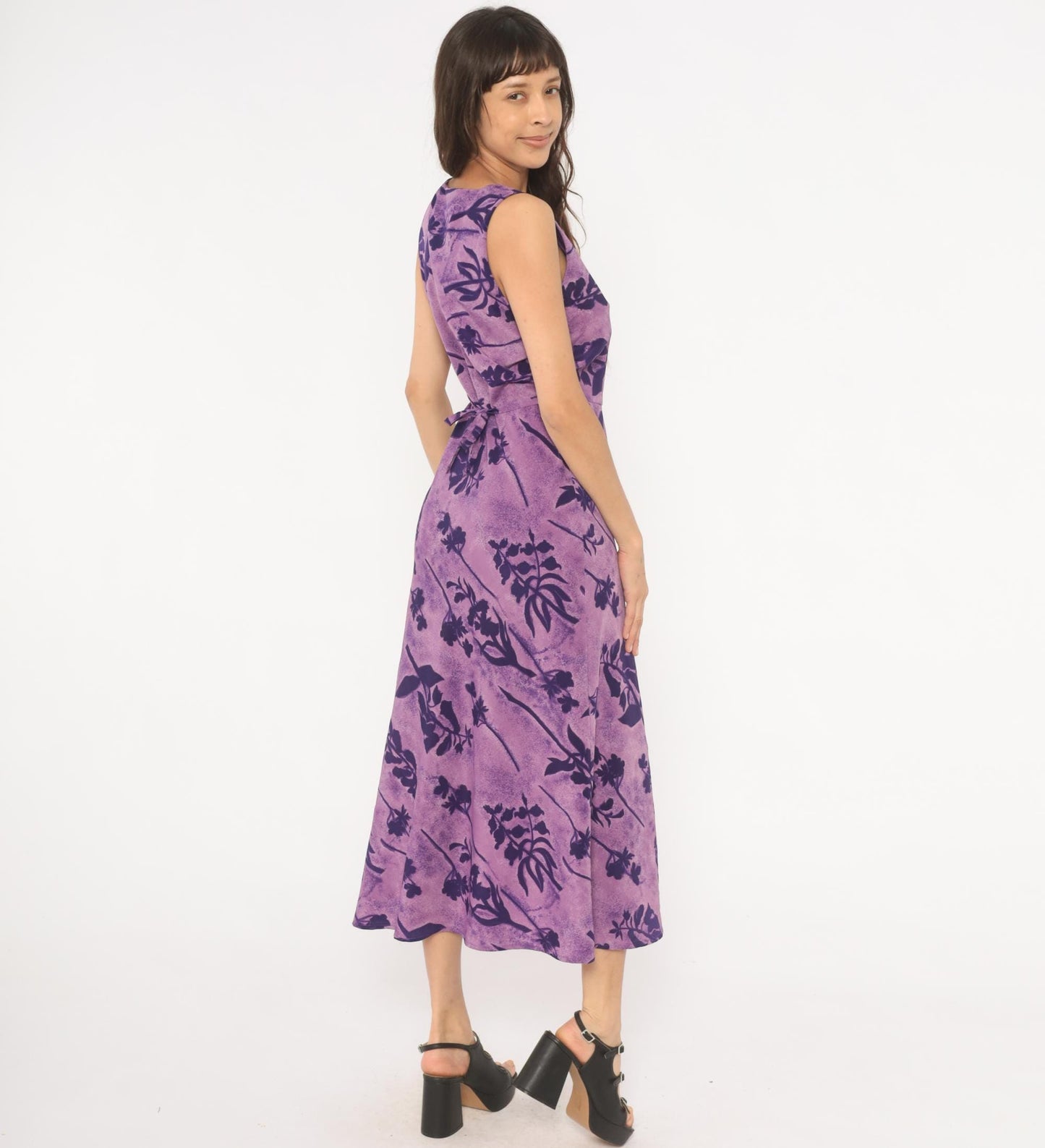 90s Jaclyn Smith Purple Floral Maxi Dress Square Neck Sleeveless Small S