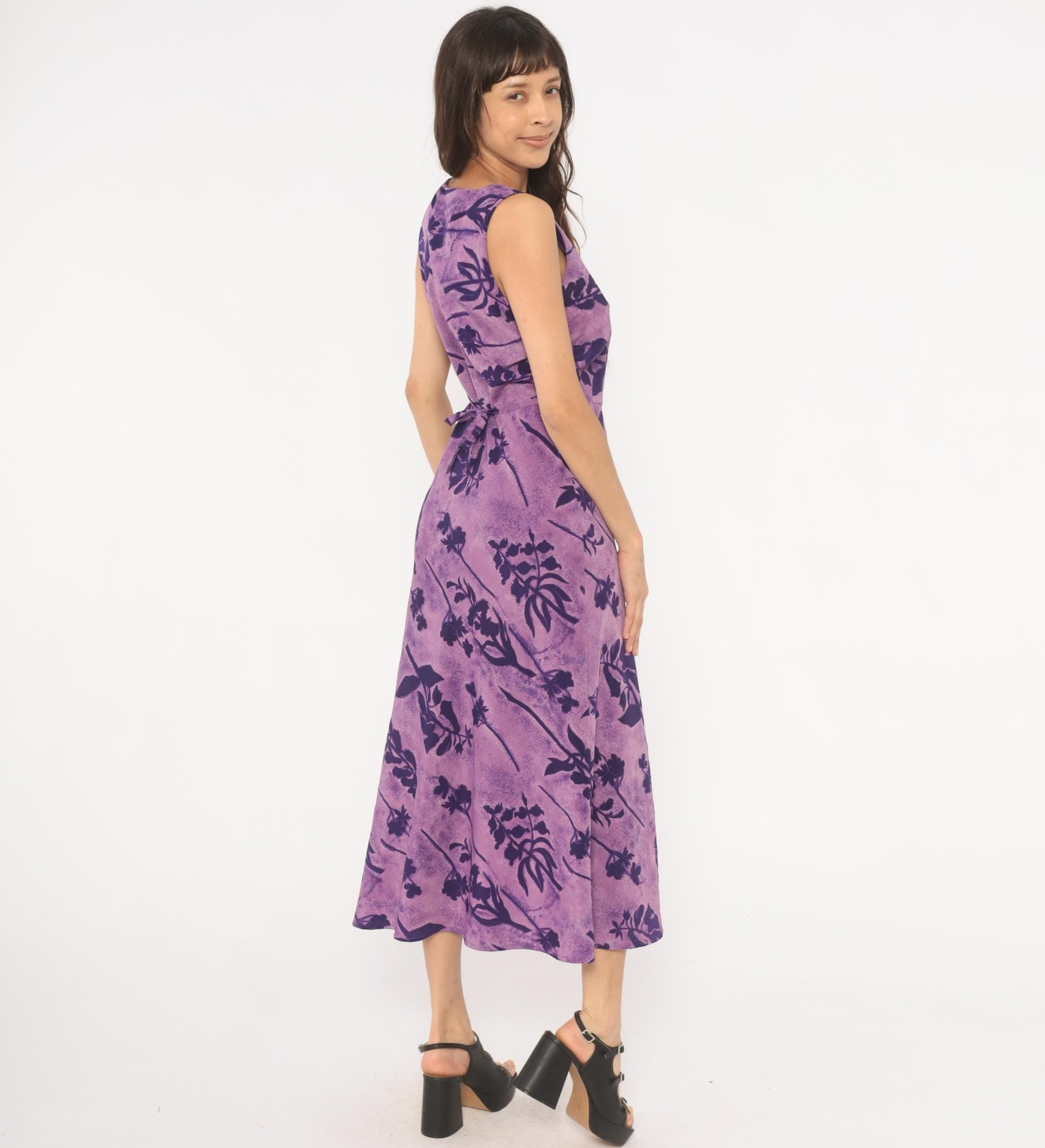 90s Jaclyn Smith Purple Floral Maxi Dress Square Neck Sleeveless Small S