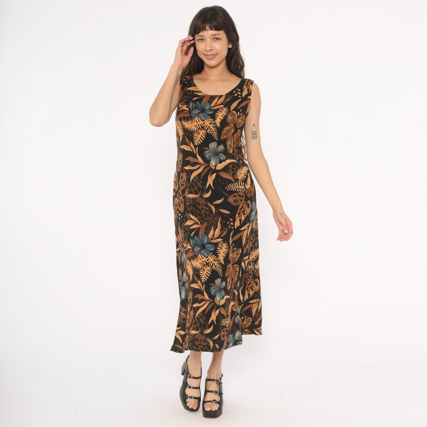 90s California Krush Tropical Floral Midi Dress Sleeveless Black Medium M