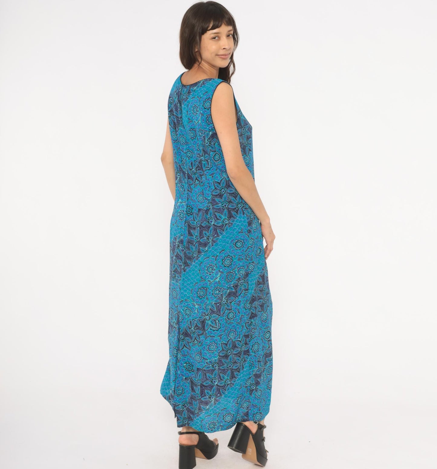 90s Sarah Elizabeth Batik Floral Maxi Dress Teal Navy Scoop Neck Tank Extra Large XL