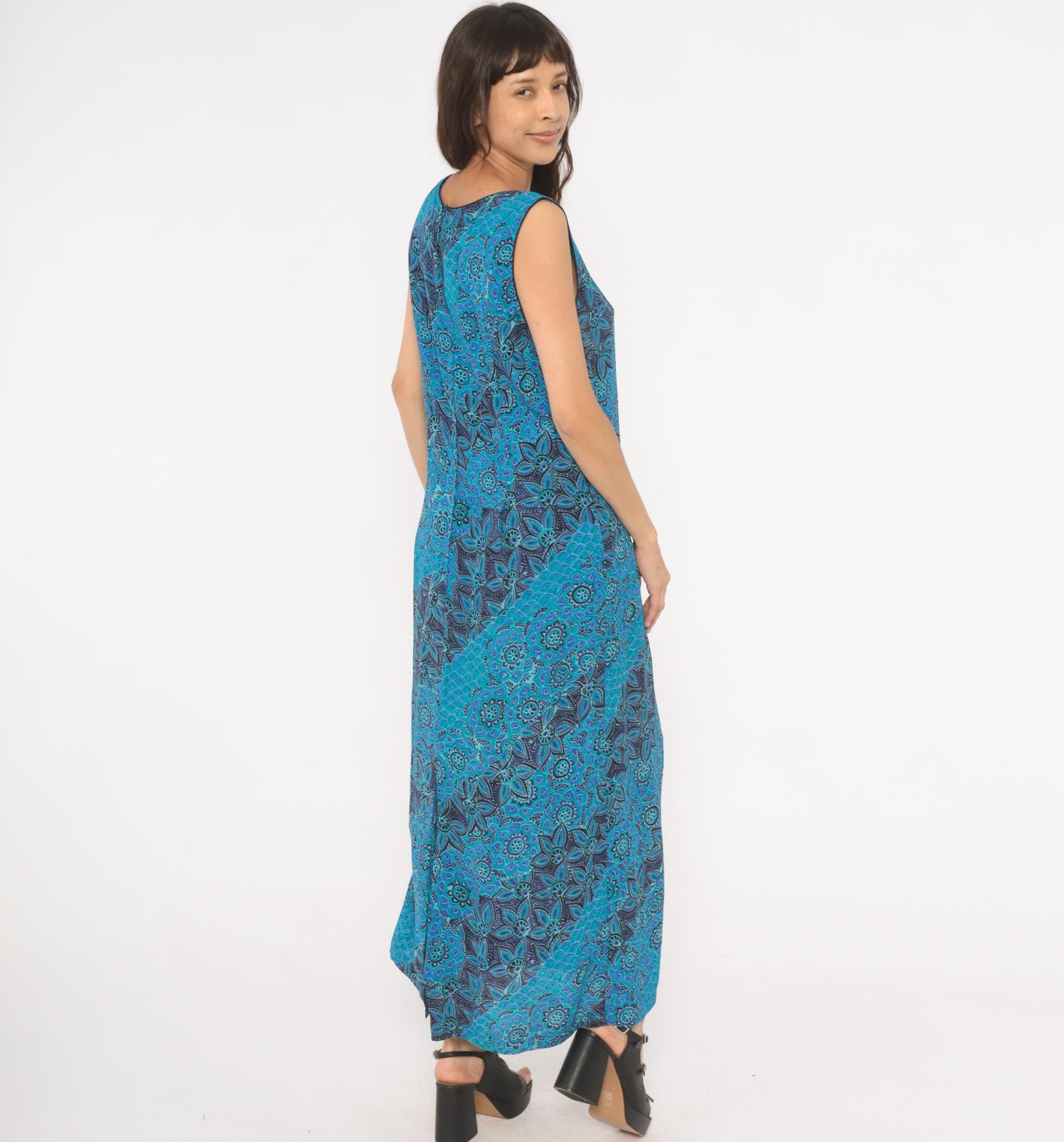 90s Sarah Elizabeth Batik Floral Maxi Dress Teal Navy Scoop Neck Tank Extra Large XL