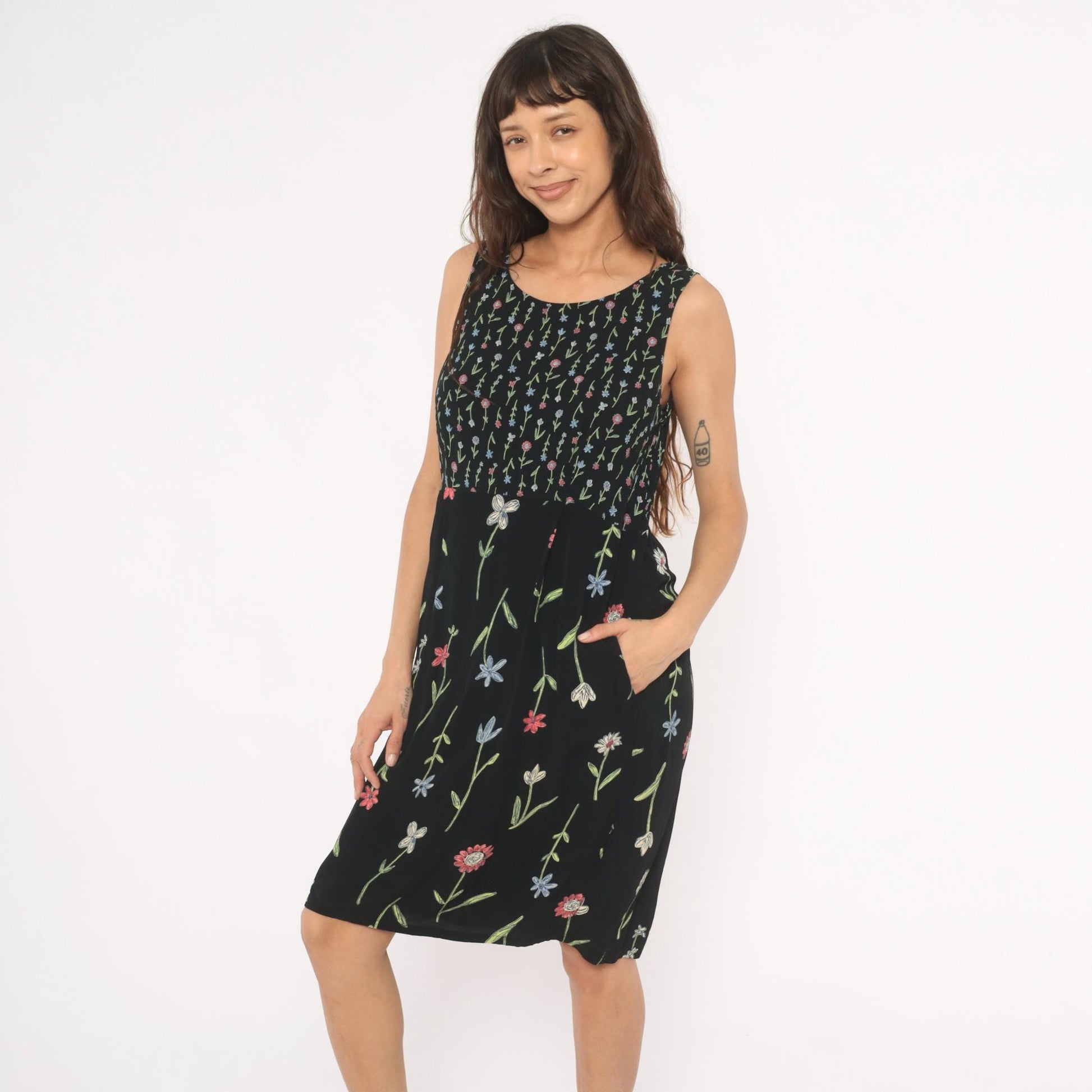 90s Putumayo Black Floral Sundress Knee Length Wildflower Embroidered Medium M