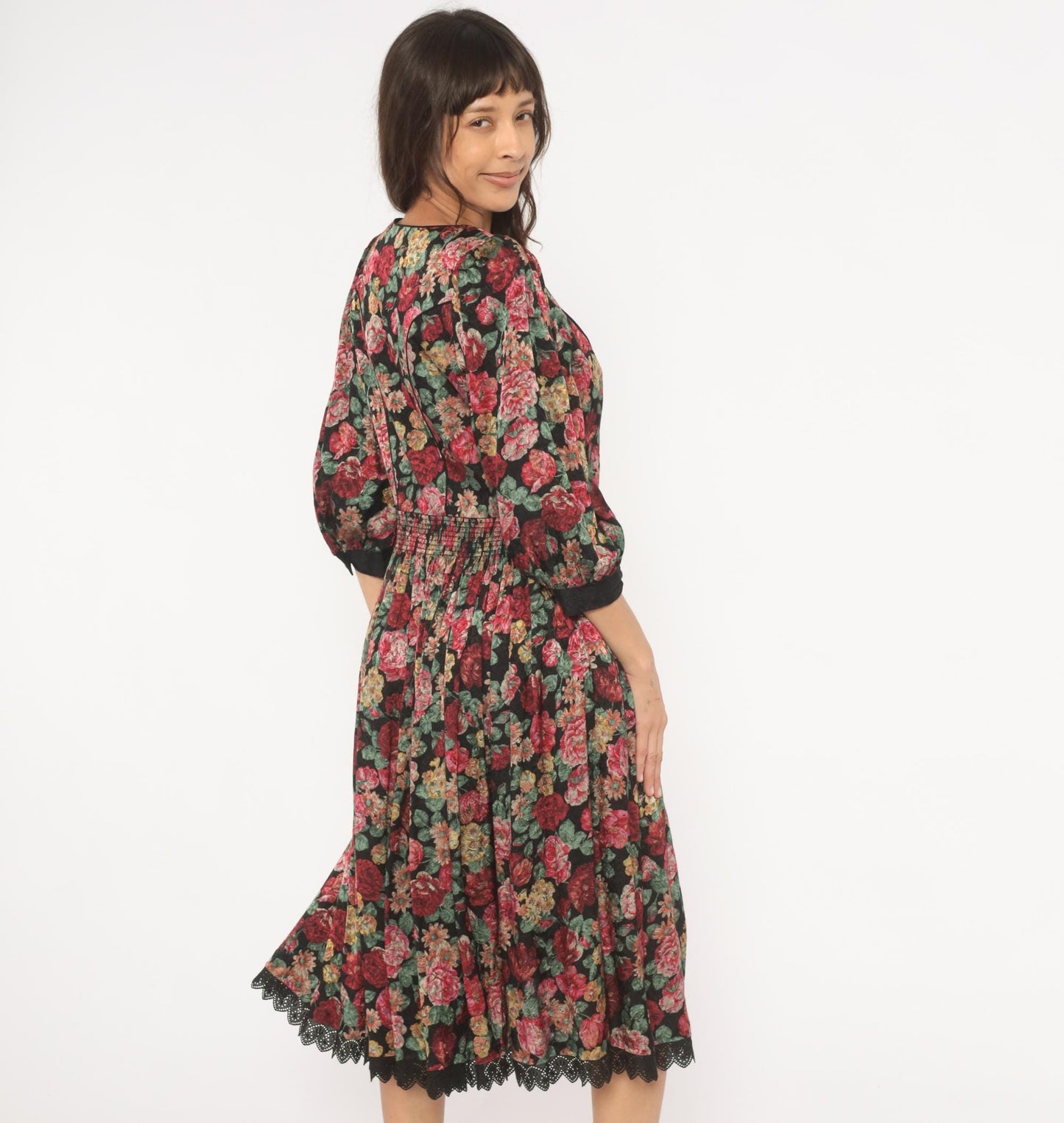 90s Rose Dirndl Dark Floral Midi Dress Black Sweetheart Neckline Medium M