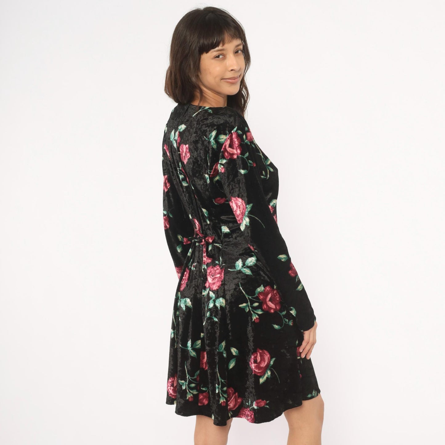 90s Jamie Brooke Velvet Mini Dress Black Rose Floral Square Neckline Large L
