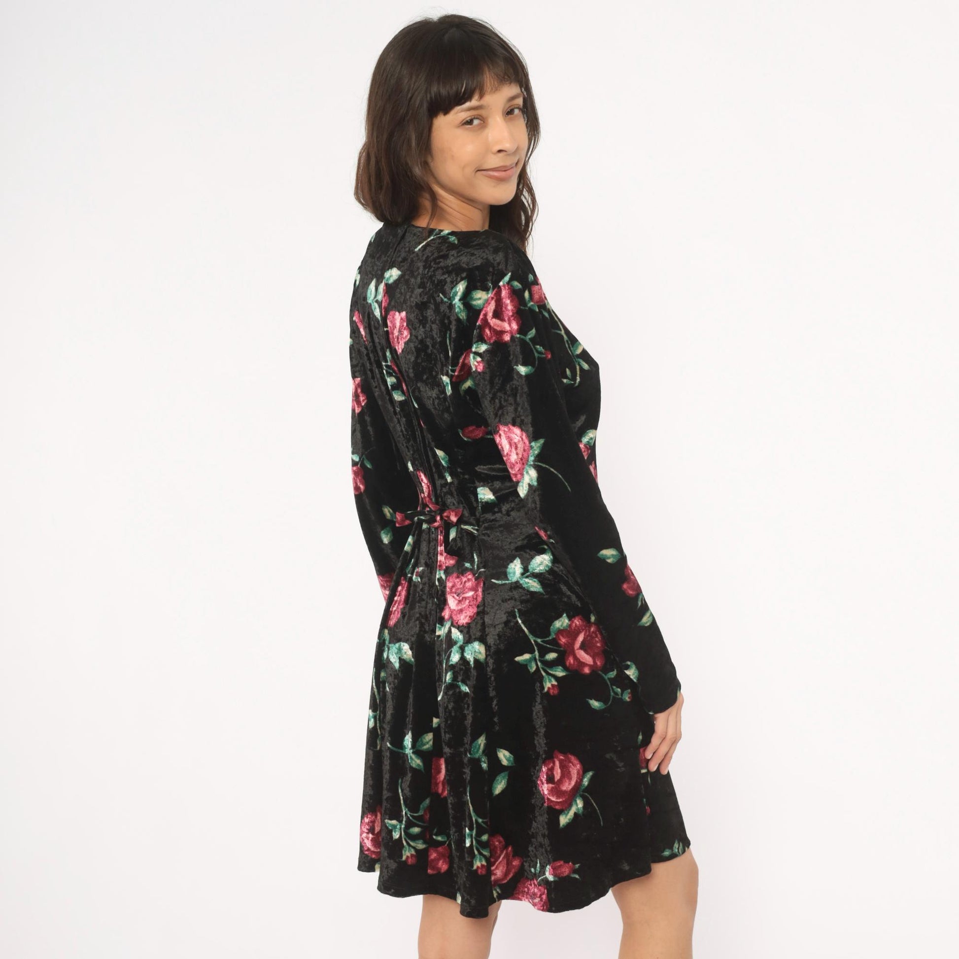 90s Jamie Brooke Velvet Mini Dress Black Rose Floral Square Neckline Large L