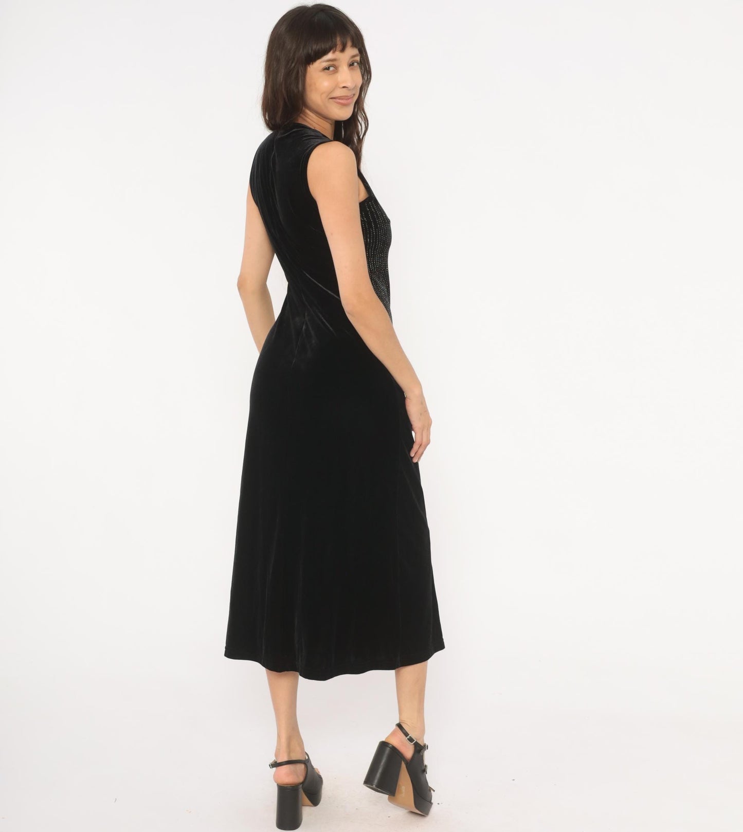90s Ronni Nicole Black Velvet Midi Dress Silver Beaded Small S