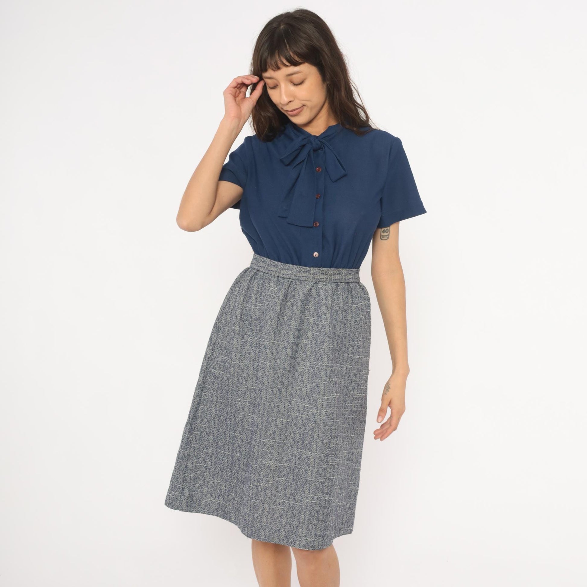 70s Sherri Lynn Navy Bow Tie Blouse Tweed A-Line Dress Knee Length Small