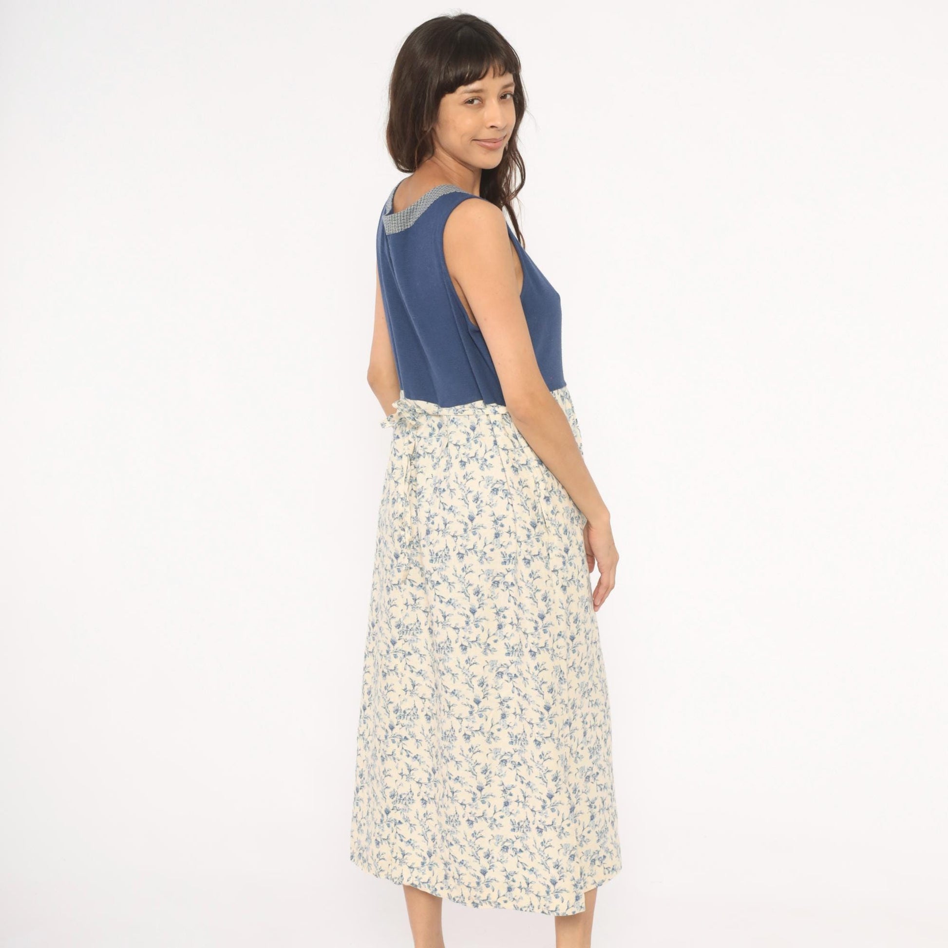 90s Napa Valley Floral Jumper Dress Blue Cream Linen Midi Large L