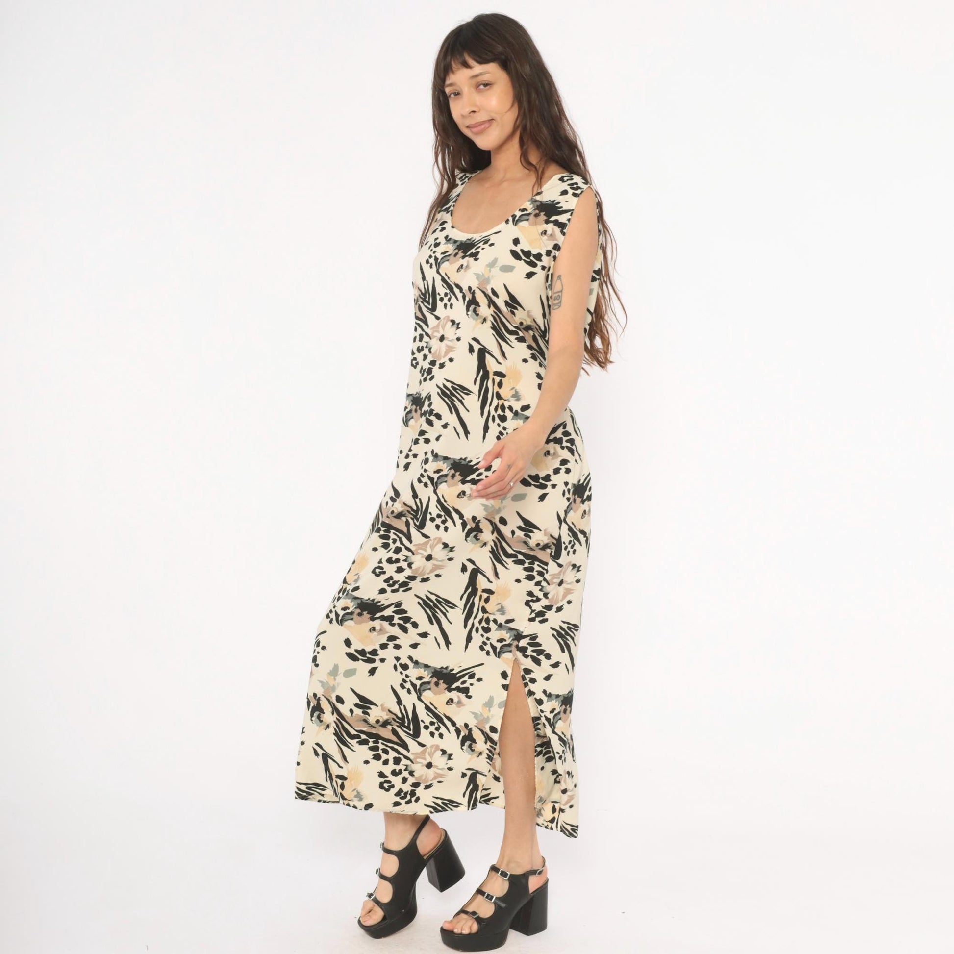 90s Ann Mali Maxi Dress Cream Black Animal Print Tie Back Large L