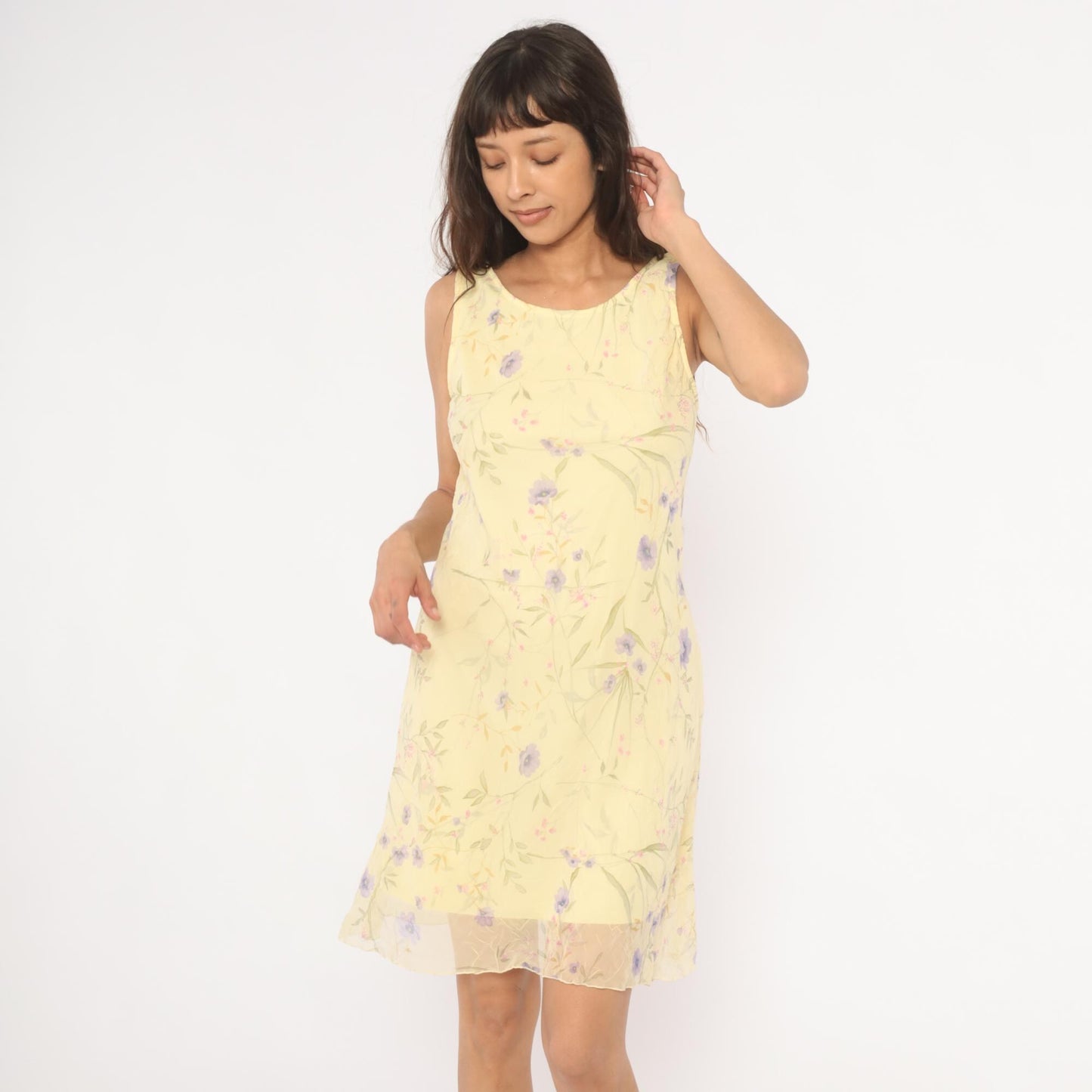 90s City Triangles Floral Chiffon A-Line Dress Yellow Lavender Small