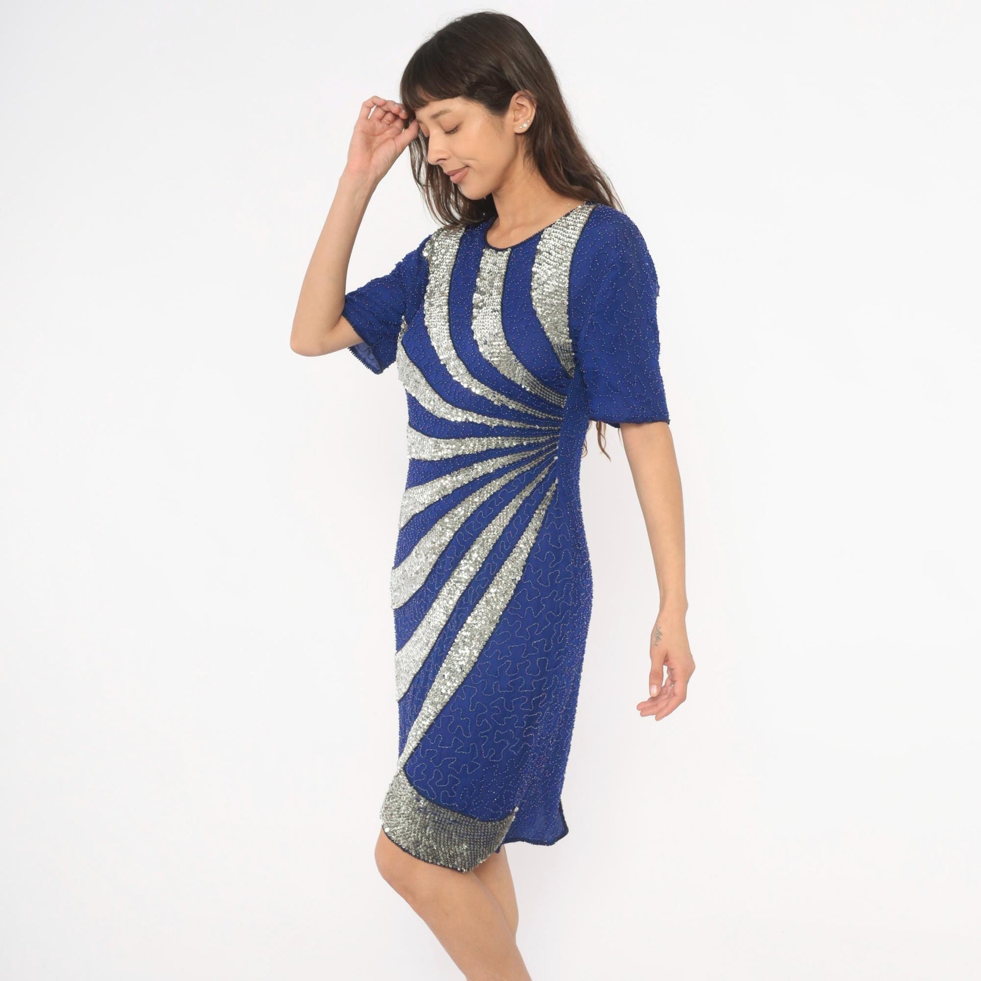 80s Stenay Cobalt Blue Silver Sequin Silk Cocktail Dress Keyhole Back Medium M