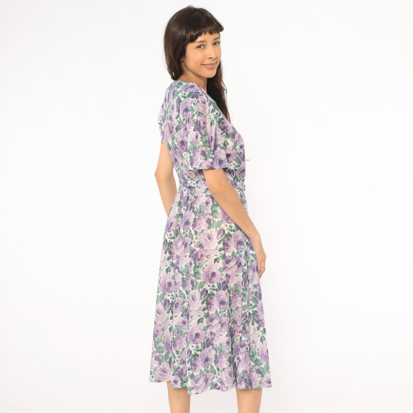 80s Anthony Richards Floral Midi Dress Purple Lavender Rose Puff Sleeve Large L
