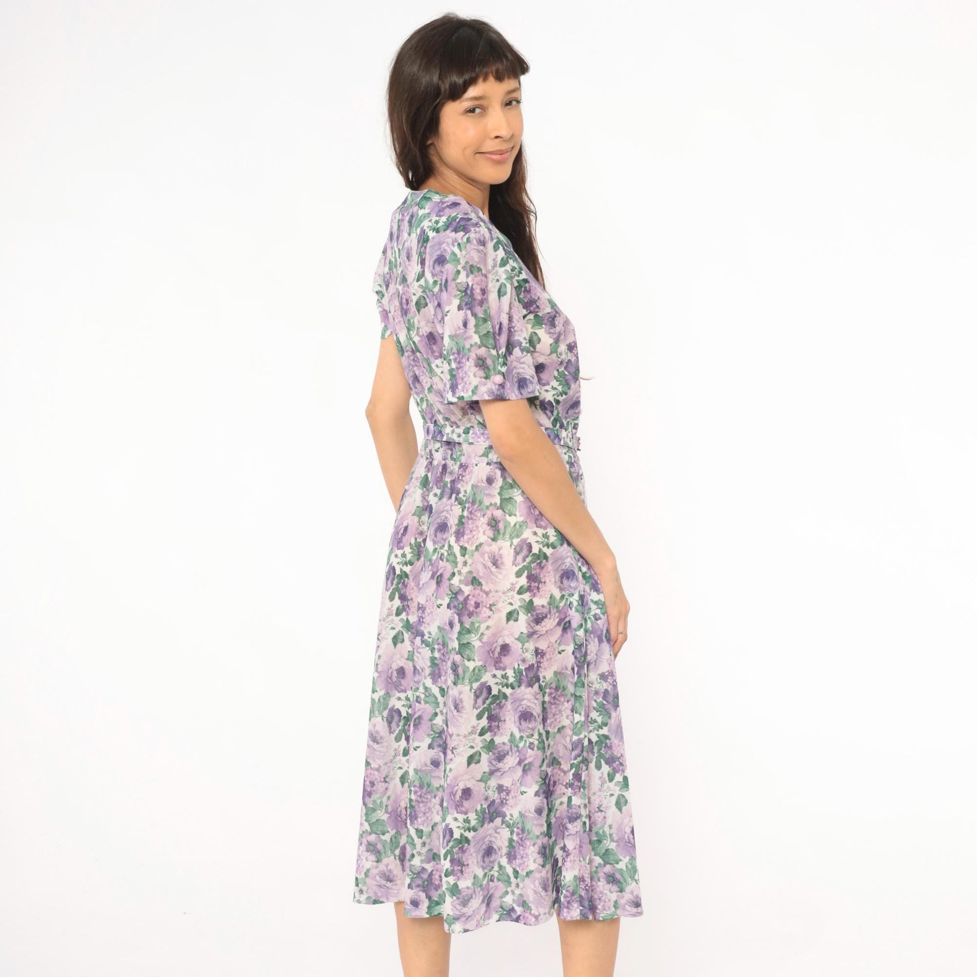 80s Anthony Richards Floral Midi Dress Purple Lavender Rose Puff Sleeve Large L