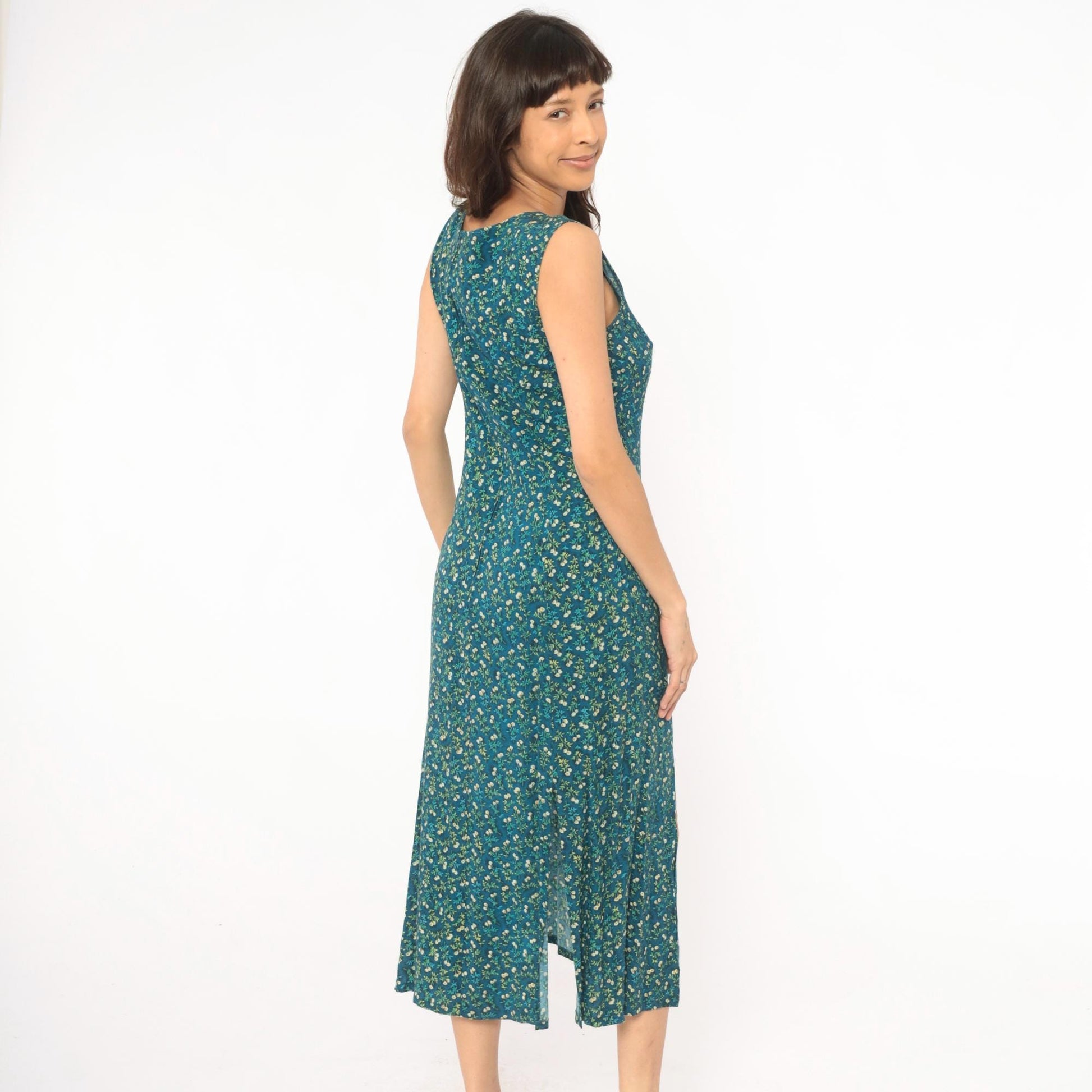 90s TR Bentley Floral Midi Dress Teal Sleeveless Scoop Neck Medium M