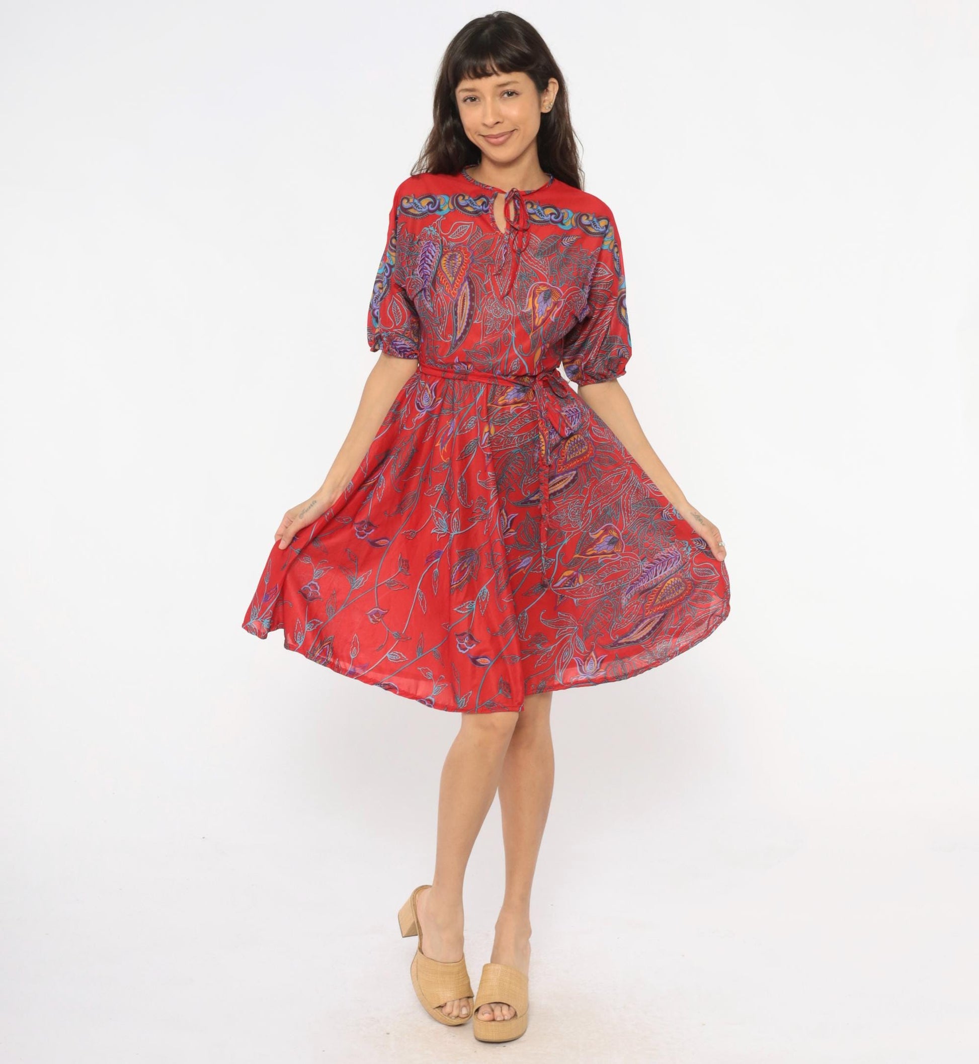 80s NPC Fashions Red Paisley Botanical Tie Neck Dress Knee Length Small Medium
