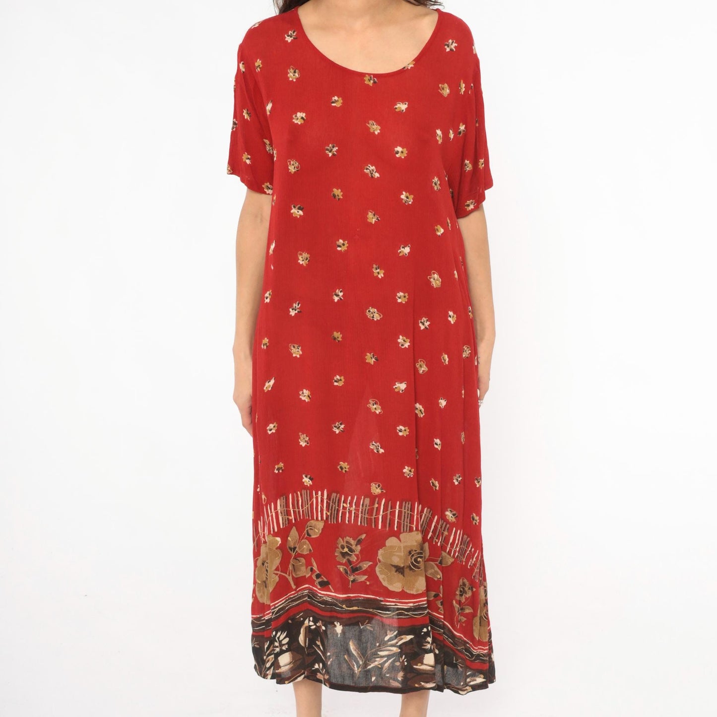 90s Red Floral Maxi Dress Gold Border Button Side Slit Large L