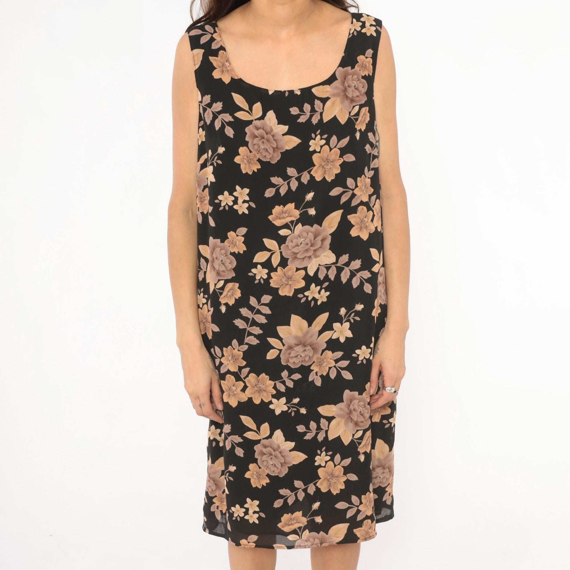90s Laura Scott Floral Tank Dress Black Tan Rose Print Knee Length Extra Large XL