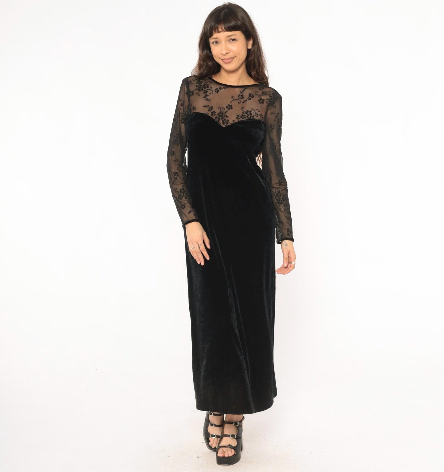 90s Kathie Lee Black Velvet Maxi Dress Embroidered Mesh Sweetheart V Back Small