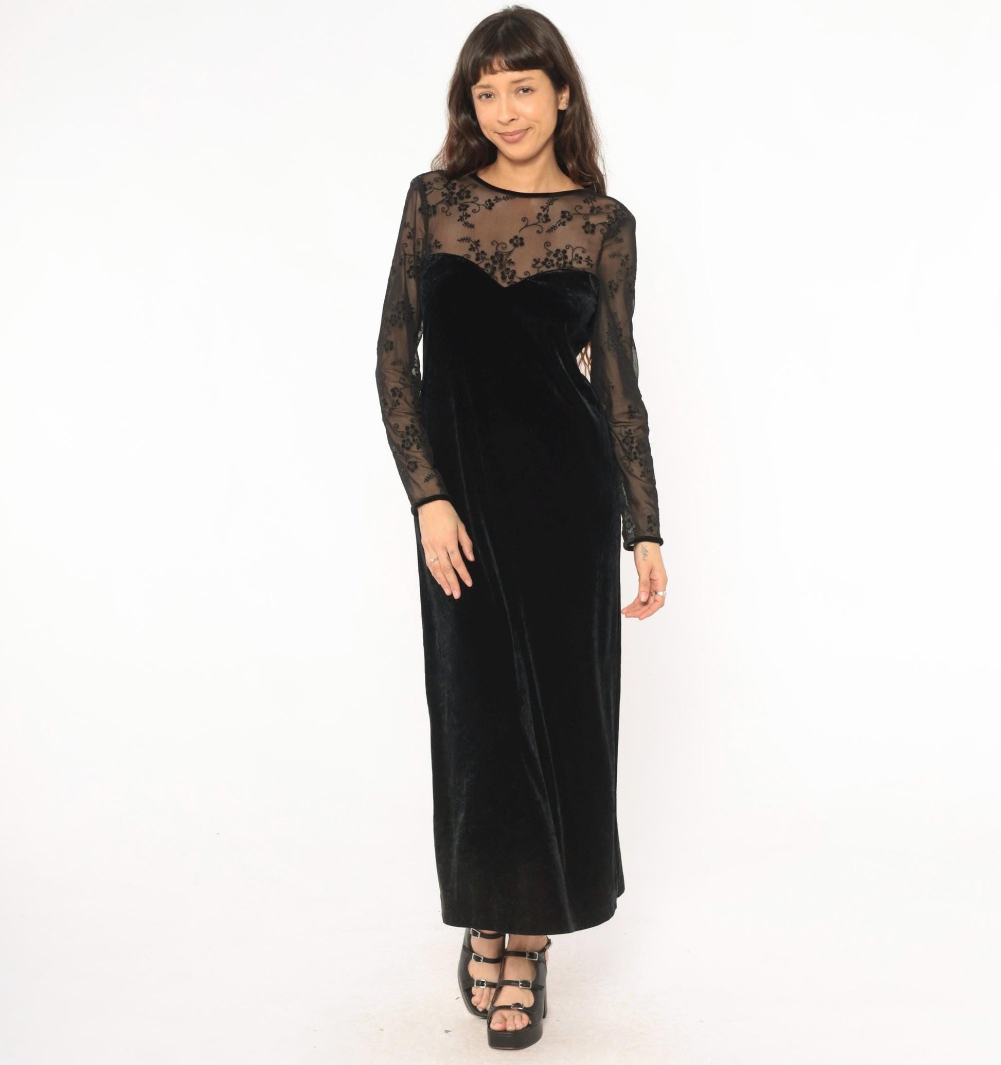 90s Kathie Lee Black Velvet Maxi Dress Embroidered Mesh Sweetheart V Back Small