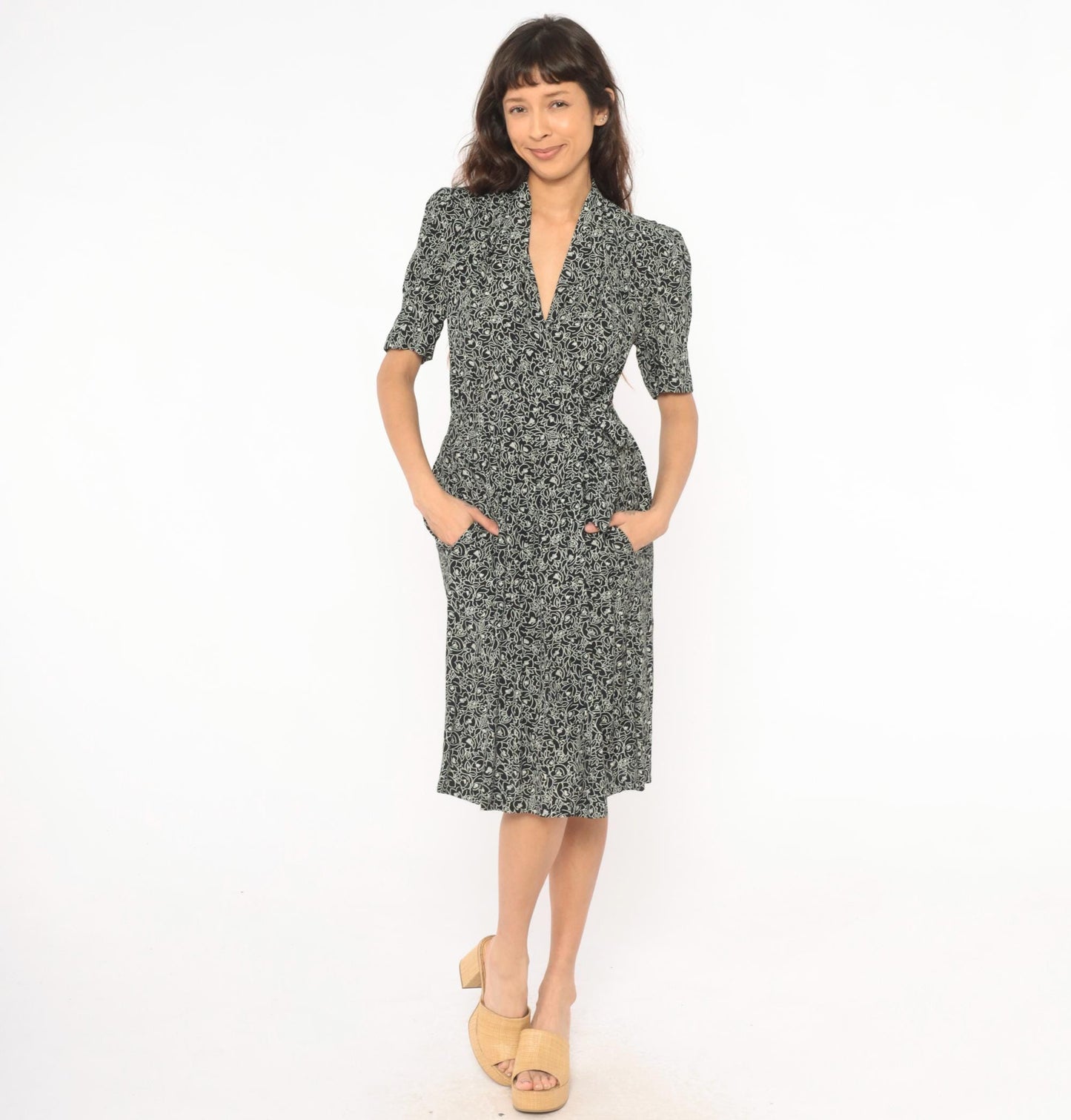 90s Karin Stevens Floral Wrap Dress Black Cream Puff Sleeve Small