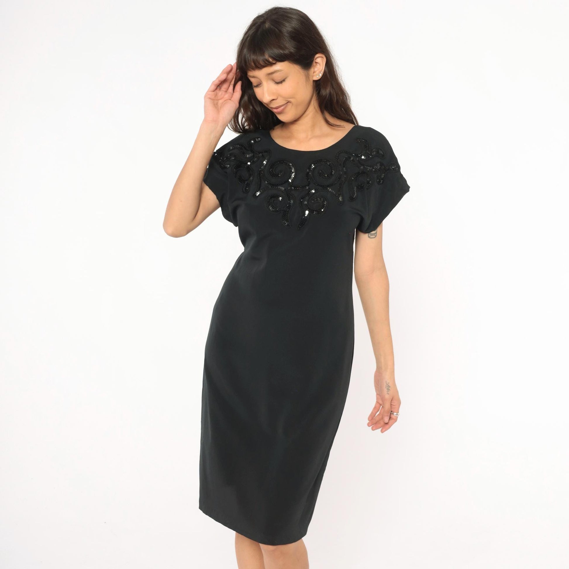 80s Susan Roselli Sequin Beaded Black Sheath Dress Scoop Neck Small S