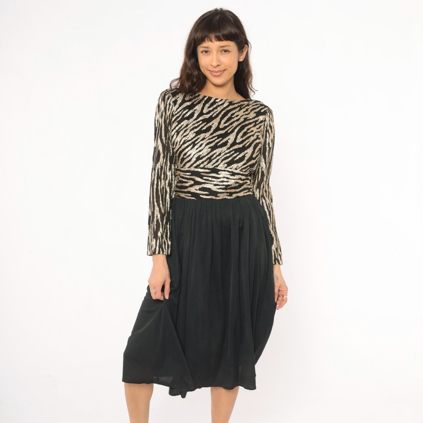 80s Ursula of Switzerland Gold Zebra Stripe Midi Dress Black Long Sleeve Medium M